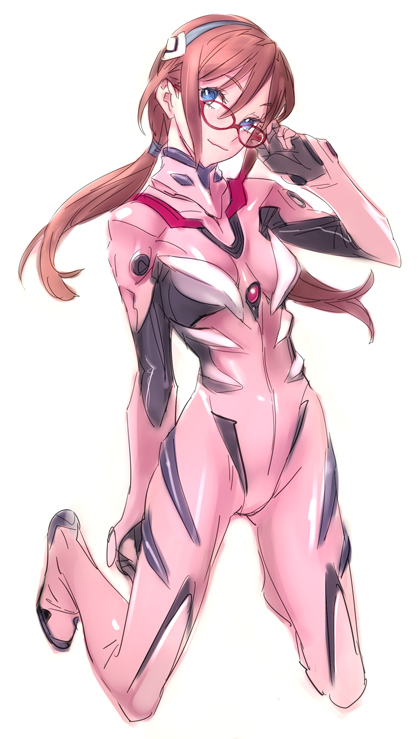 nishieda, makinami mari illustrious, evangelion: 2.0 you can (not) advance, neon genesis evangelion, rebuild of evangelion, 00s, 1girl, adjusting eyewear, blue eyes, brown hair, female focus, full body, glasses, mecha pilot suit, plugsuit (evangelion), simple background, solo, twintails, white background