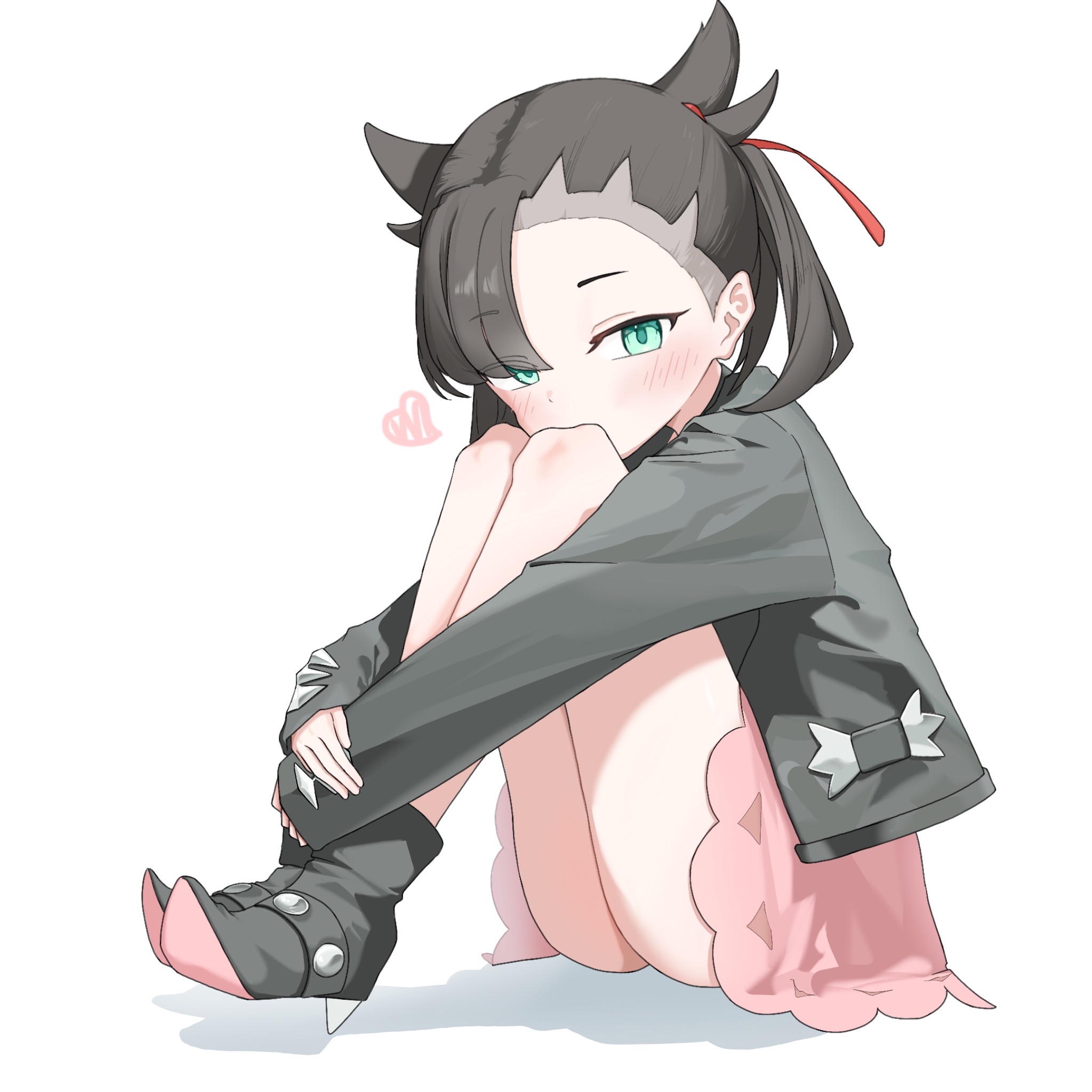 kachi 5057, marnie (pokemon), nintendo, pokemon, pokemon swsh, commentary request, highres, 1girl, asymmetrical bangs, black boots, black hair, black jacket, blush, boots, dress, full body, green eyes, hair ribbon, heart, jacket, knees up, looking at viewer, pink dress, ribbon, simple background, sitting, solo, thighs, twintails, undercut, white background