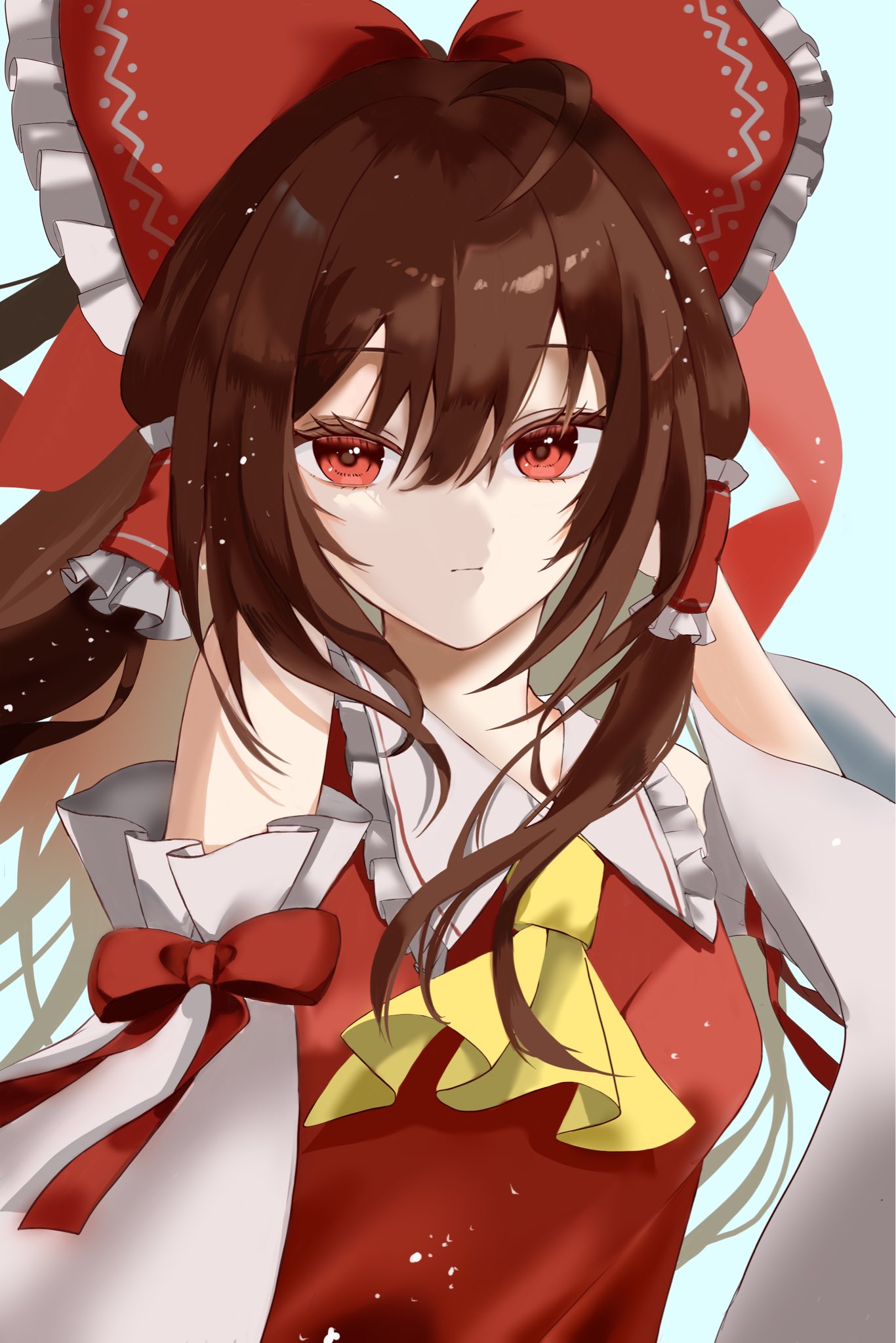 ringo33757, hakurei reimu, touhou, commentary, highres, 1girl, ascot, bow, brown hair, closed mouth, detached sleeves, frilled bow, frilled hair tubes, frills, hair bow, hair tubes, long hair, looking at viewer, red bow, red eyes, solo, upper body, yellow ascot