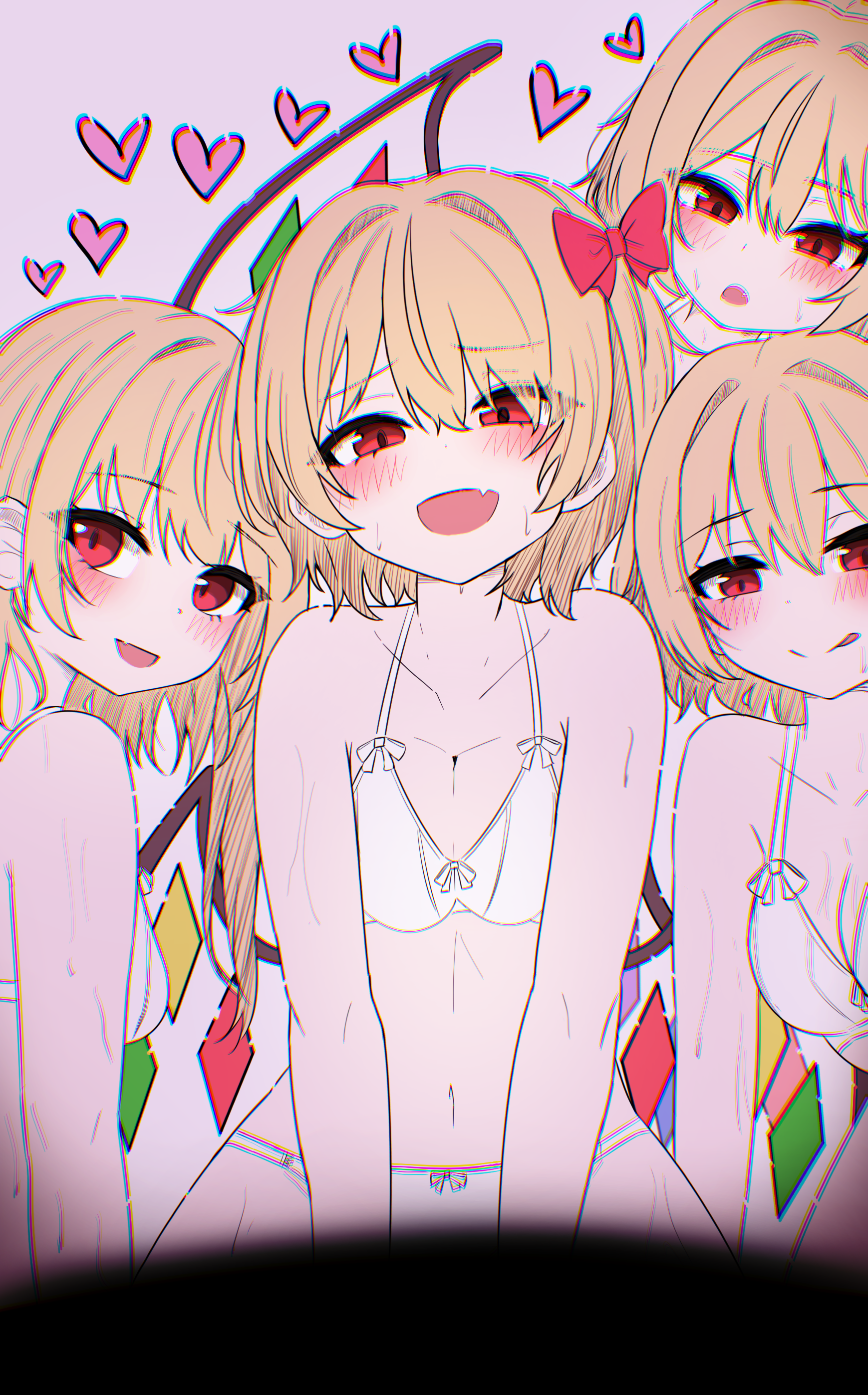 kiui (dagk8254), flandre scarlet, touhou, absurdres, commentary request, highres, 4girls, :q, blonde hair, blush, bow, bow bra, bow panties, bra, clone, crystal wings, fang, four of a kind (touhou), hair bow, heart, looking at viewer, multiple girls, multiple persona, navel, panties, pink background, pov, red bow, red eyes, skin fang, smile, stomach, sweat, tongue, tongue out, underwear, underwear only, white bra, white panties, wings