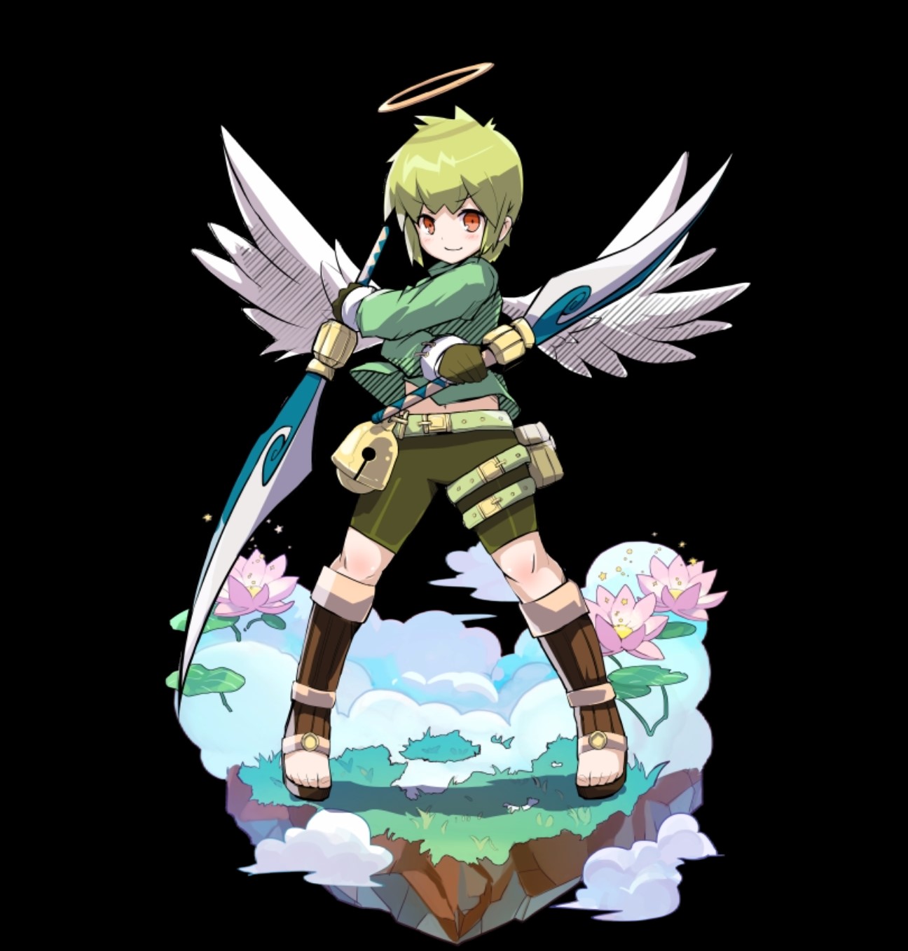 lotus, merc storia art team, merc storia, highres, official art, 1boy, angel, angel wings, belt, belt pouch, bike shorts, black background, blush, brown eyes, closed mouth, cloud, dual wielding, feathered wings, fighting stance, flower, full body, green hair, green shirt, halo, holding, holding sword, holding weapon, leaf, long sleeves, navel, pink flower, pouch, shirt, short hair, sidelocks, simple background, smile, solo, soul (merc storia), standing, sword, tachi-e, thigh belt, thigh strap, v-shaped eyebrows, weapon, white wings, wings