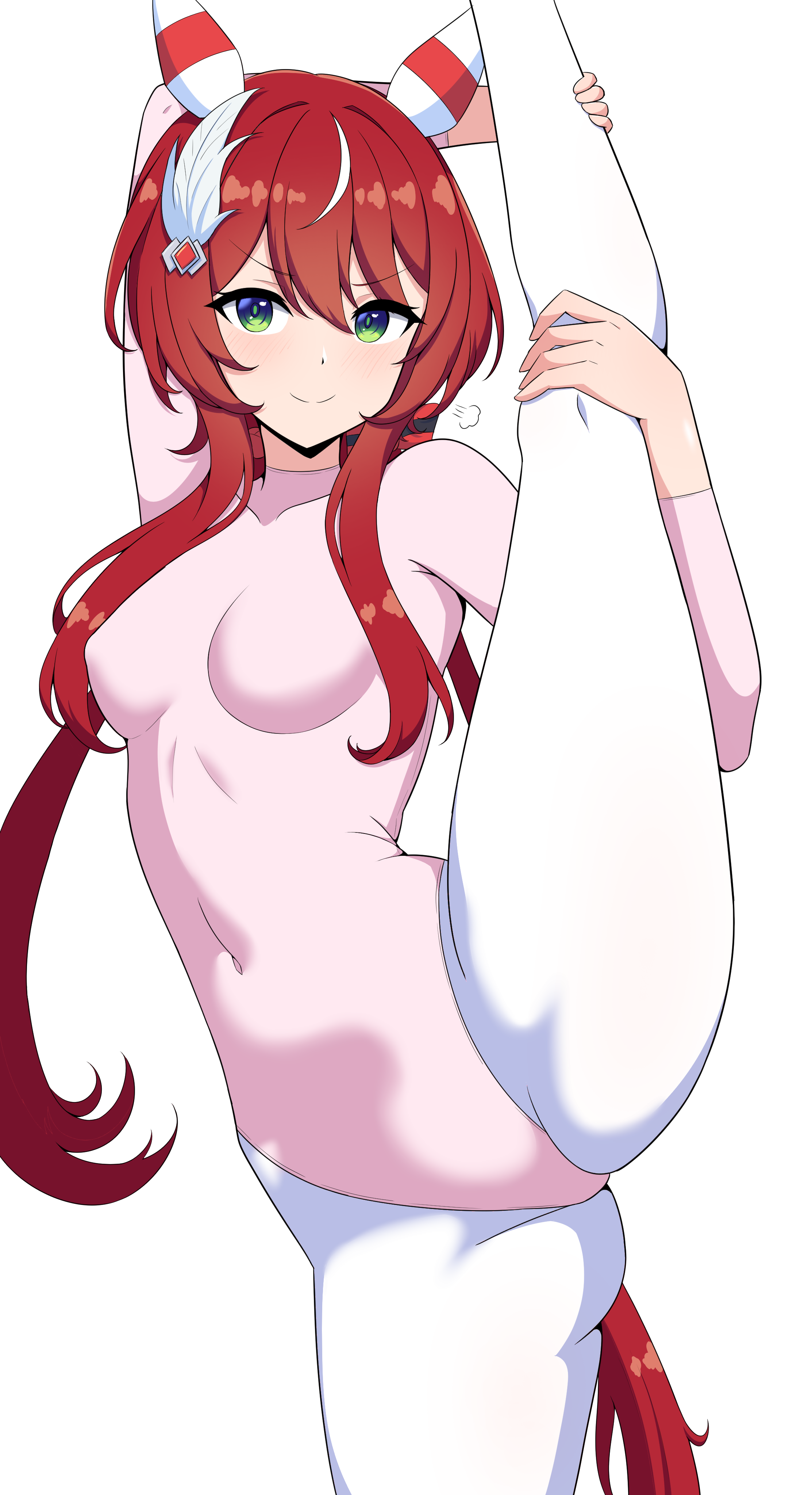 dewanewbie, win variation (umamusume), umamusume, absurdres, commentary, highres, symbol-only commentary, 1girl, animal ears, athletic leotard, breasts, closed mouth, ear covers, green eyes, hair ornament, horse ears, horse girl, horse tail, leotard, long hair, looking at viewer, medium breasts, multicolored hair, pantyhose, pink leotard, red hair, red tail, simple background, smile, solo, split, standing, standing on one leg, standing split, streaked hair, tail, v-shaped eyebrows, white background, white pantyhose, white streaks