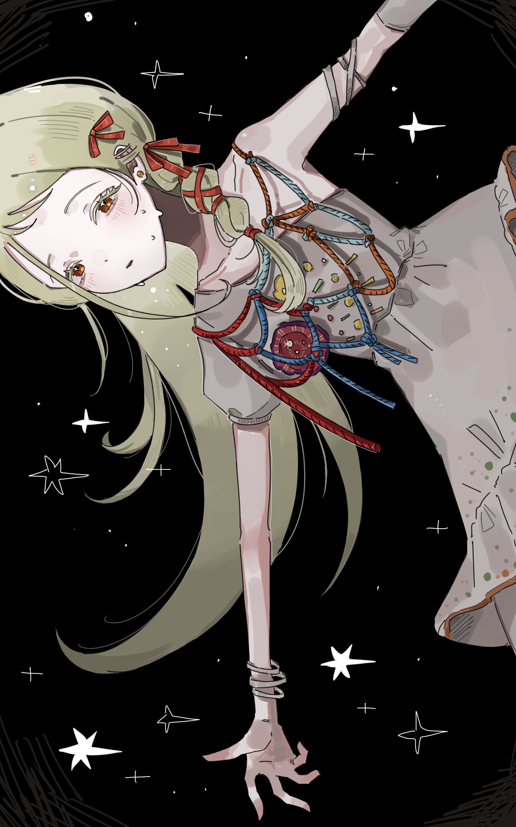 na yaa0 0, shinosawa hiro, gakuen idolmaster, idolmaster, absurdres, commentary, highres, 1girl, armlet, black background, blonde hair, bracelet, braid, collarbone, colored eyelashes, corsage, dress, earrings, flipped hair, flower, grey dress, hair ribbon, jewelry, long hair, looking at viewer, multiple bracelets, orange eyes, outstretched arms, parted lips, red flower, red ribbon, ribbon, ribbon braid, rope, short sleeves, sideways, single bare shoulder, single braid, single sleeve, solo, spread arms, star (sky), stud earrings, sunfaded (idolmaster), sweat, swept bangs, yellow flower