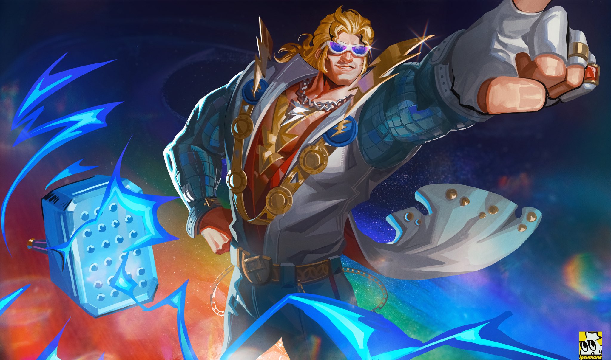 thor (marvel), marvel, marvel rivals, thor (marvel) (series), commentary, highres, 1boy, belt, belt buckle, blonde hair, blue background, buckle, cape, cowboy shot, disco, fingerless gloves, gloves, grin, hammer, hand on own hip, hand up, index finger raised, izeumane s, jewelry, lightning, lightning bolt necklace, lightning bolt symbol, long hair, male focus, mjolnir (marvel), muscular, muscular male, necklace, official alternate costume, pants, plunging neckline, purple-tinted eyewear, rainbow, red cape, red shirt, ring, shirt, single glove, smile, solo, sunglasses, thor (boogie bolt) (marvel), tinted eyewear, two-sided cape, two-sided fabric, white-framed eyewear, white cape, white gloves, white pants