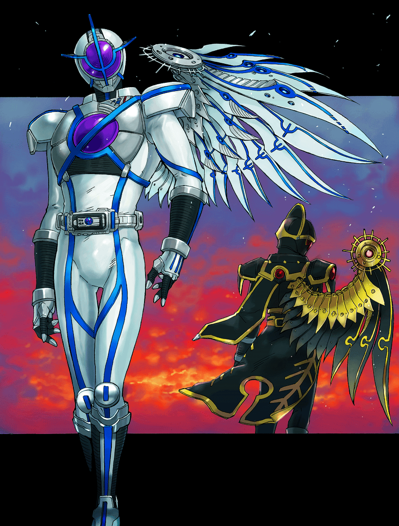 moi, kamen rider orga, kamen rider psyga, kamen rider, kamen rider 555, kamen rider 555: paradise lost, tokusatsu, 2boys, armor, belt, black armor, cloud, letterboxed, multiple boys, purple eyes, rider belt, sb-315b psyga driver, single wing, sky, sunset, white armor, wings