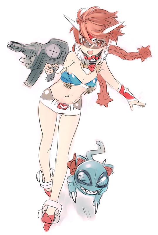 nishieda, rx-78-2 gundam, zakrello, gundam, mobile suit gundam, beam rifle, bra, braid, brown eyes, brown hair, cat, energy gun, gun, legs, lingerie, mecha musume, midriff, personification, shorts, simple background, twin braids, twintails, underwear, weapon