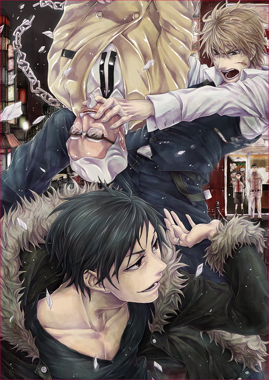 azuma yuuhi, colonel sanders, heiwajima shizuo, orihara izaya, durarara!!, kfc, bad id, bad pixiv id, highres, 1girl, 2boys, black hair, blonde hair, brown eyes, cigarette, coat, jacket, male focus, multiple boys, red eyes, upper body, vest, violence