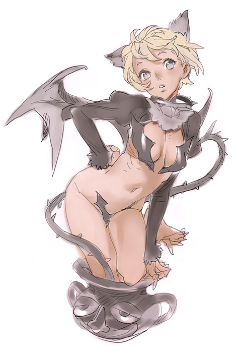 nishieda, original, pot, 1girl, animal ears, barefoot, bat wings, blonde hair, bottomless, breasts, cat ears, demon girl, extra ears, female focus, hand on own hip, hip focus, long sleeves, navel, parted lips, puffy sleeves, short hair, simple background, small breasts, solo, white background, wings