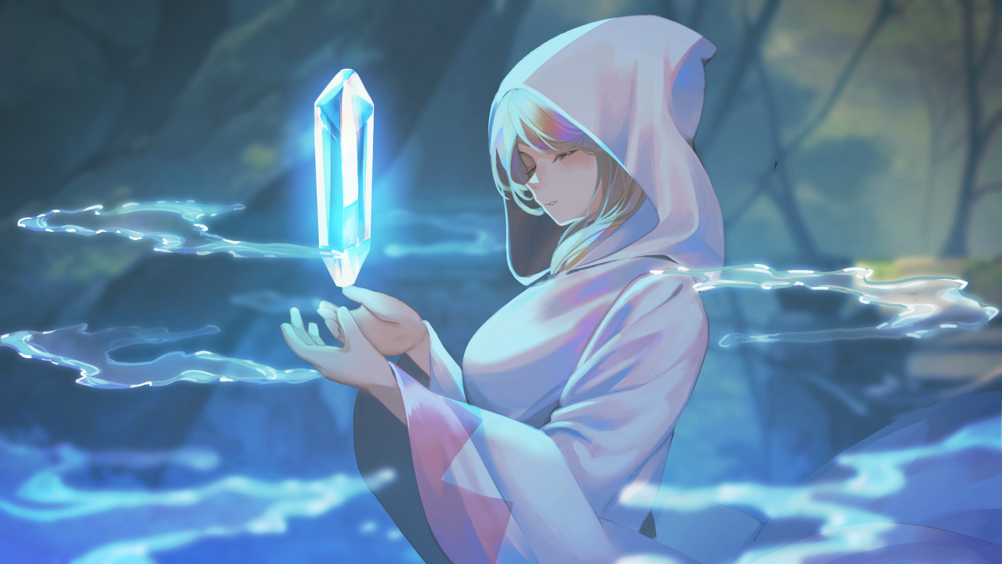 c1edra, white mage (final fantasy), final fantasy, final fantasy i, commentary request, highres, 1girl, bare tree, blonde hair, blurry, blurry background, closed eyes, closed mouth, floating gem, forest, glowing gem, hood, hood up, hooded robe, hydrokinesis, long hair, long sleeves, nature, robe, solo, tree, water, white robe, wide sleeves