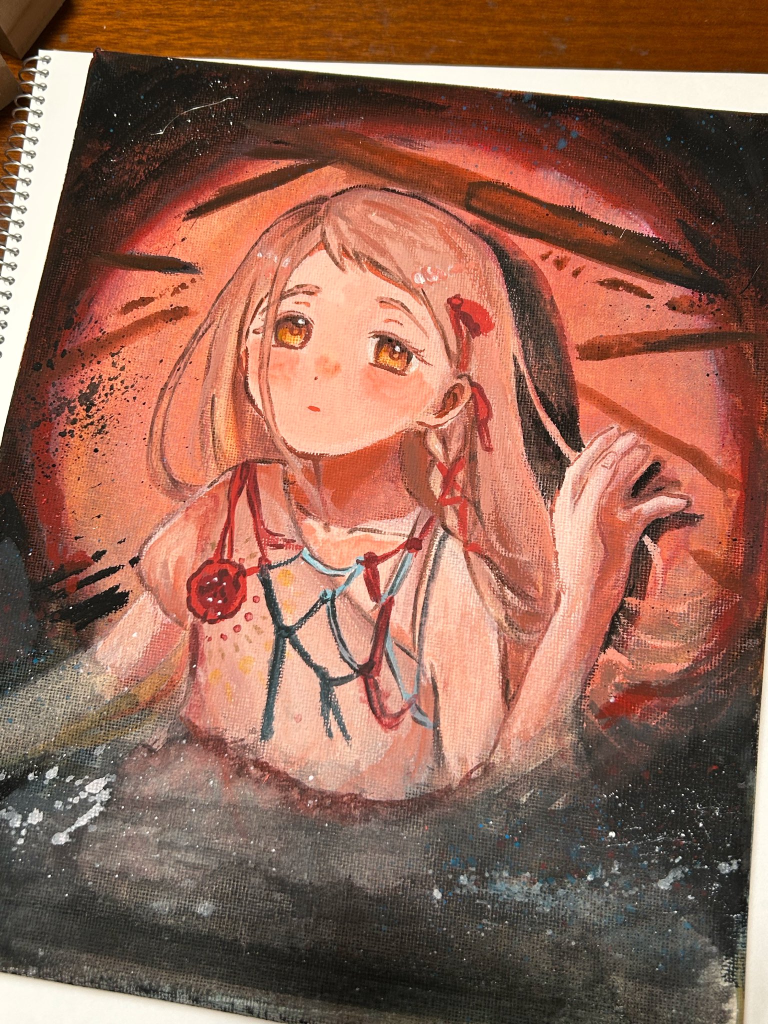 shinosawa hiro, gakuen idolmaster, idolmaster, acrylic paint (medium), commentary request, highres, painting (medium), photo (medium), traditional media, 1girl, blush, braid, closed mouth, collarbone, colored eyelashes, corsage, flipped hair, grey hair, hair ribbon, hand up, long hair, looking at viewer, nose blush, orange eyes, partially submerged, red ribbon, ribbon, ribbon braid, rope, shadow, single sleeve, solo, spotlight, sunfaded (idolmaster), swept bangs, upper body, yukia789