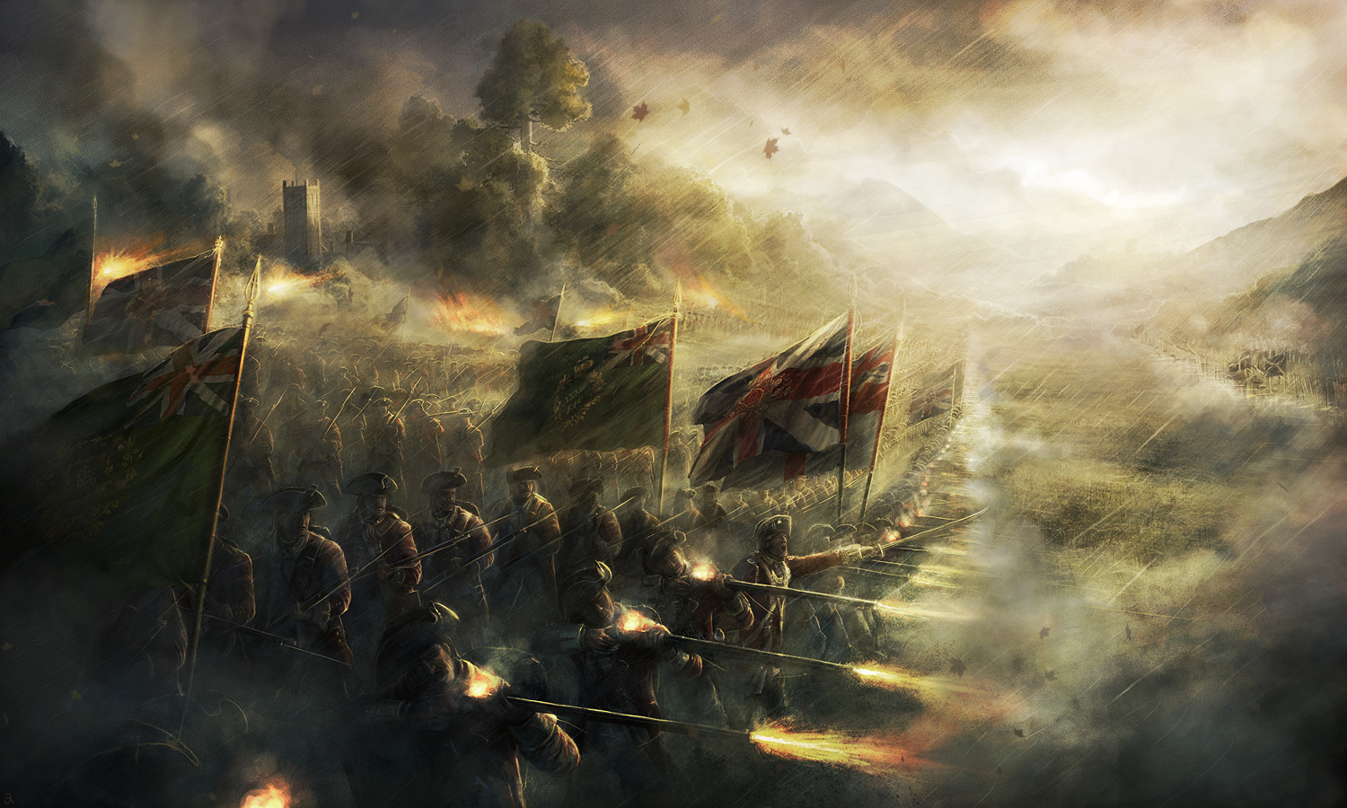 rado javor, empire: total war, total war, 6+boys, battle, battle standard, bayonet, england, epic, fire, firing, flag, group battle, gun, hat, leaf, male focus, multiple boys, musket, rain, rifle, soldier, sword, tree, tricorne, union jack, united kingdom, war, war flag, weapon