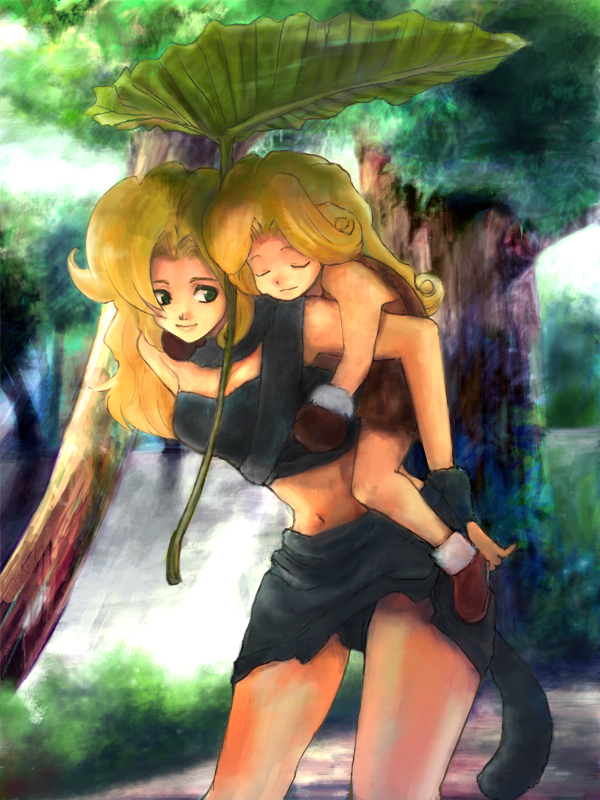 kuratomi, tommy0117, ayla (chrono trigger), leah, chrono (series), chrono cross, chrono trigger, square enix, 2girls, age difference, blonde hair, boots, carrying, closed eyes, family bonding, female focus, gloves, green eyes, long hair, midriff, miniskirt, mother and daughter, multiple girls, piggyback, skirt