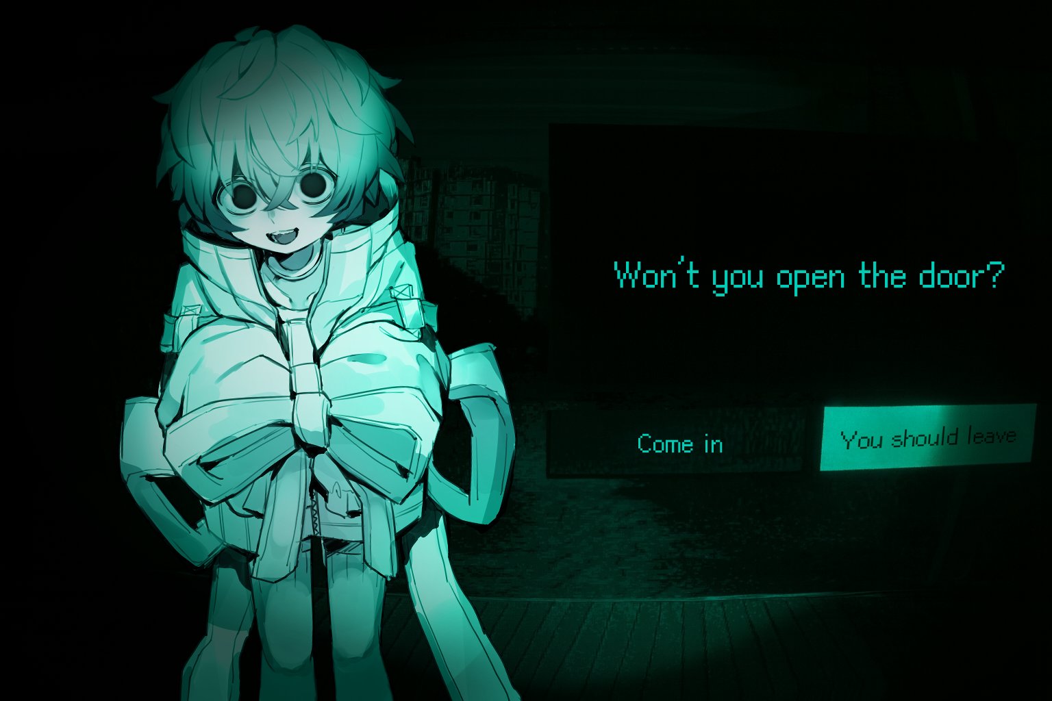 arazan (ara arazan24), indie virtual youtuber, no i'm not a human, commentary request, 1other, black eyes, choker, cityscape, dark, dialogue box, dialogue options, english text, feet out of frame, game screenshot background, green theme, hair between eyes, jacket, light smile, looking at viewer, messy hair, night, open mouth, oversized jacket, pale skin, parody, pov peephole, screenshot background, short hair, sleeves tied together, solid circle pupils, solo, teeth, upper teeth only, virtual youtuber, white jacket, wooden porch, yukue fumei, zipper