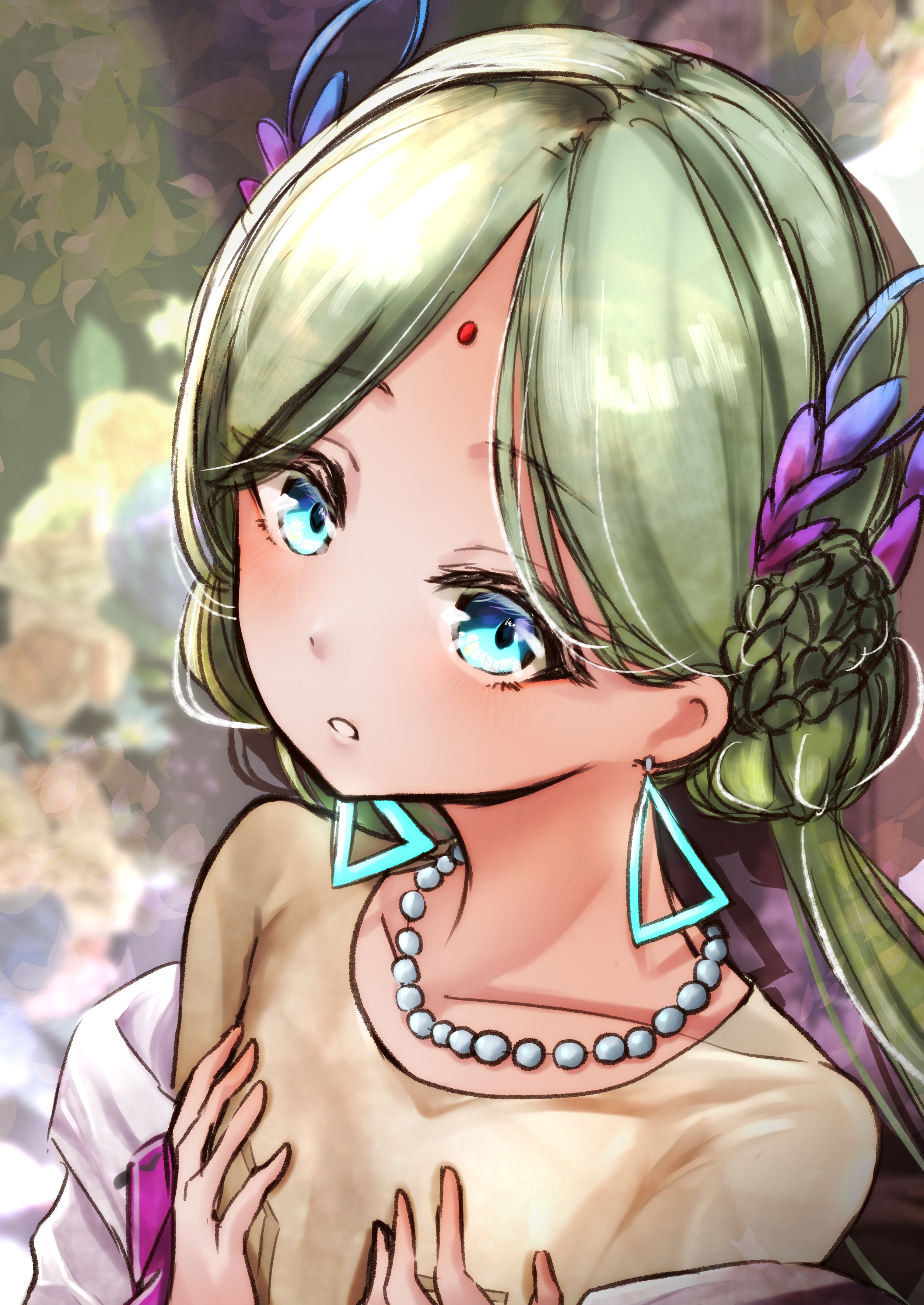 kanan hubuki, vritika balakrishnan, heaven burns red, absurdres, commentary, highres, 1girl, blue eyes, braid, dark-skinned female, dark skin, earrings, facial mark, forehead mark, green hair, jewelry, necklace