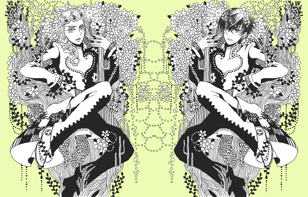 nosuke (umiboshi), giorno giovanna, haruno shiobana, jojo no kimyou na bouken, vento aureo, 1boy, alternate hairstyle, braid, dual persona, flower, green theme, male focus, monochrome, plant, ponytail, symmetry, yellow background