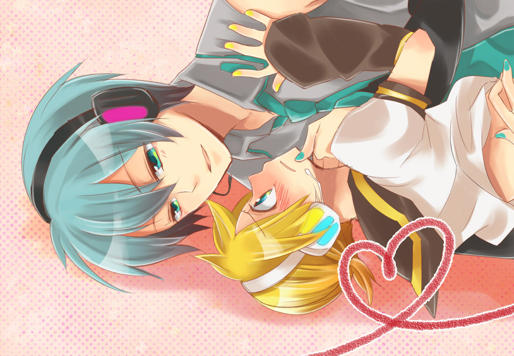 yokutaso, hatsune mikuo, kagamine len, vocaloid, bad id, bad pixiv id, 2boys, aqua eyes, aqua hair, blonde hair, blush, couple, detached sleeves, genderswap, genderswap (ftm), green eyes, green hair, headphones, headset, heart, male focus, male polish, multiple boys, nail polish, necktie, ponytail, school uniform, serafuku, short hair, smile, surprised, yaoi