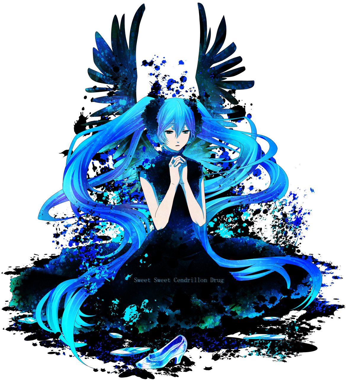 setsu, hatsune miku, vocaloid, bad id, bad pixiv id, highres, 1girl, angel wings, aqua eyes, aqua hair, dress, female focus, long hair, shoes, solo, twintails, very long hair, white background, wings