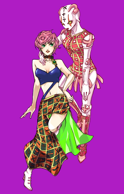 almdudler, spice girl (stand), trish una, jojo no kimyou na bouken, vento aureo, 1girl, bare shoulders, boots, breasts, cleavage, curly hair, green eyes, large breasts, math, midriff, navel, pink hair, short hair, skirt, stand (jojo)