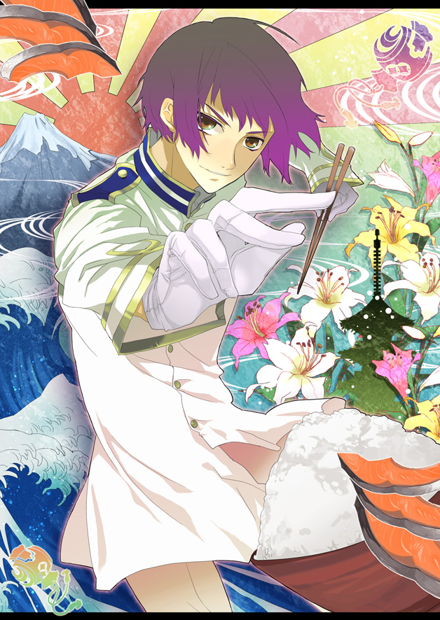 mooche, japan (hetalia), axis powers hetalia, 1boy, brown eyes, chopsticks, fish, flower, food, gloves, lily (flower), male focus, military, military uniform, mount fuji, mountain, purple hair, rice, rising sun flag, solo, sunburst, waves