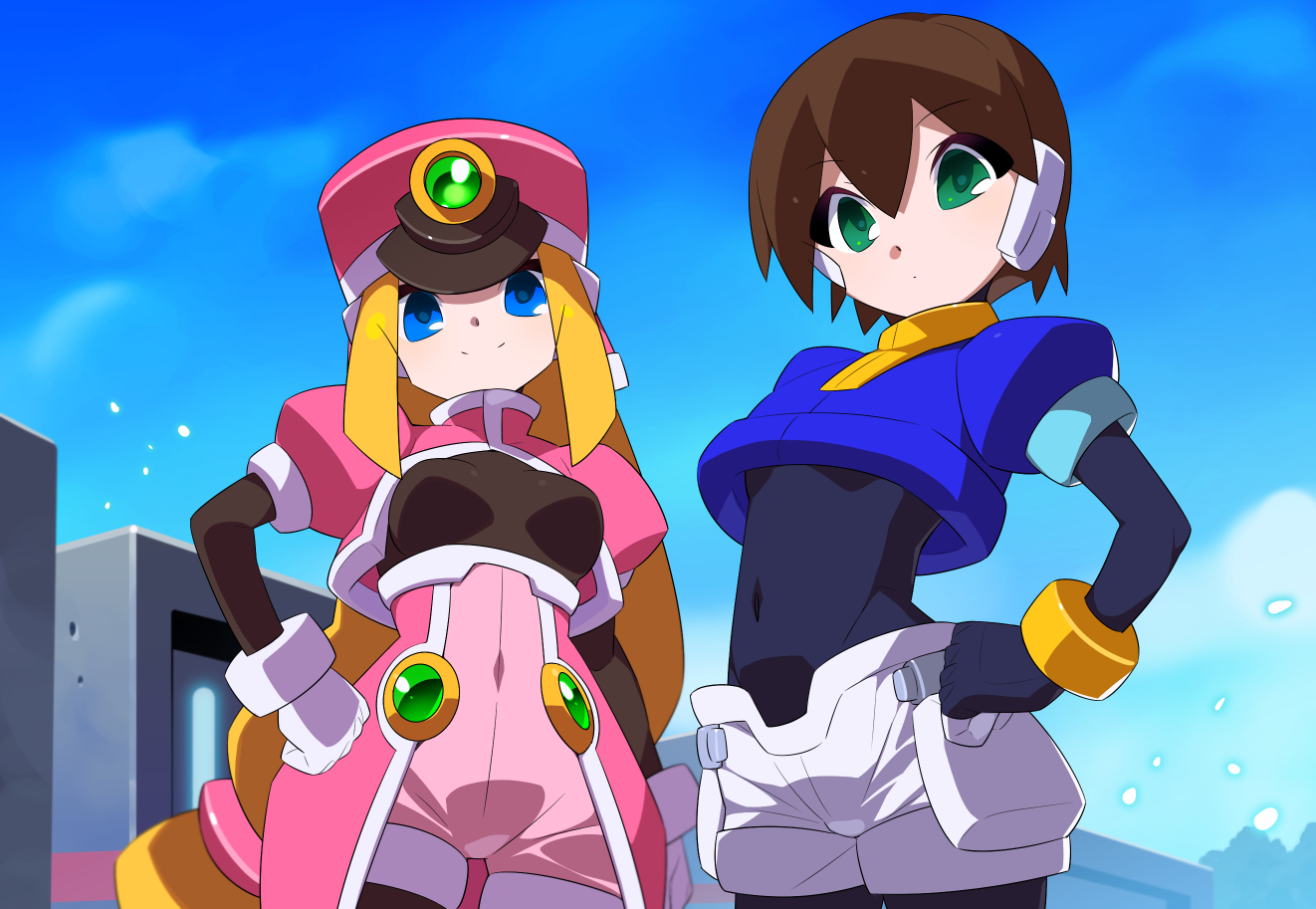 kaidou zx, aile (mega man zx), prairie (mega man), mega man (series), mega man zx, commentary request, 2girls, black bodysuit, blonde hair, blue jacket, bodysuit, breasts, brown hair, cropped jacket, green eyes, hat, high-waist shorts, jacket, long hair, multiple girls, outdoors, pink hat, pink jacket, pink shorts, robot ears, shako cap, short hair, shorts, white shorts