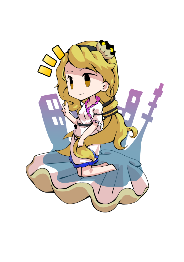 dairi, watari nina, touhou, commentary request, large variant set, variant set, 1girl, barefoot, blonde hair, breasts, chibi, chibi only, clam, dress, frilled dress, frilled sleeves, frills, full body, hand up, kneeling, long hair, short sleeves, side slit, simple background, smile, solo, tachi-e, transparent background, very long hair, white dress, yellow eyes