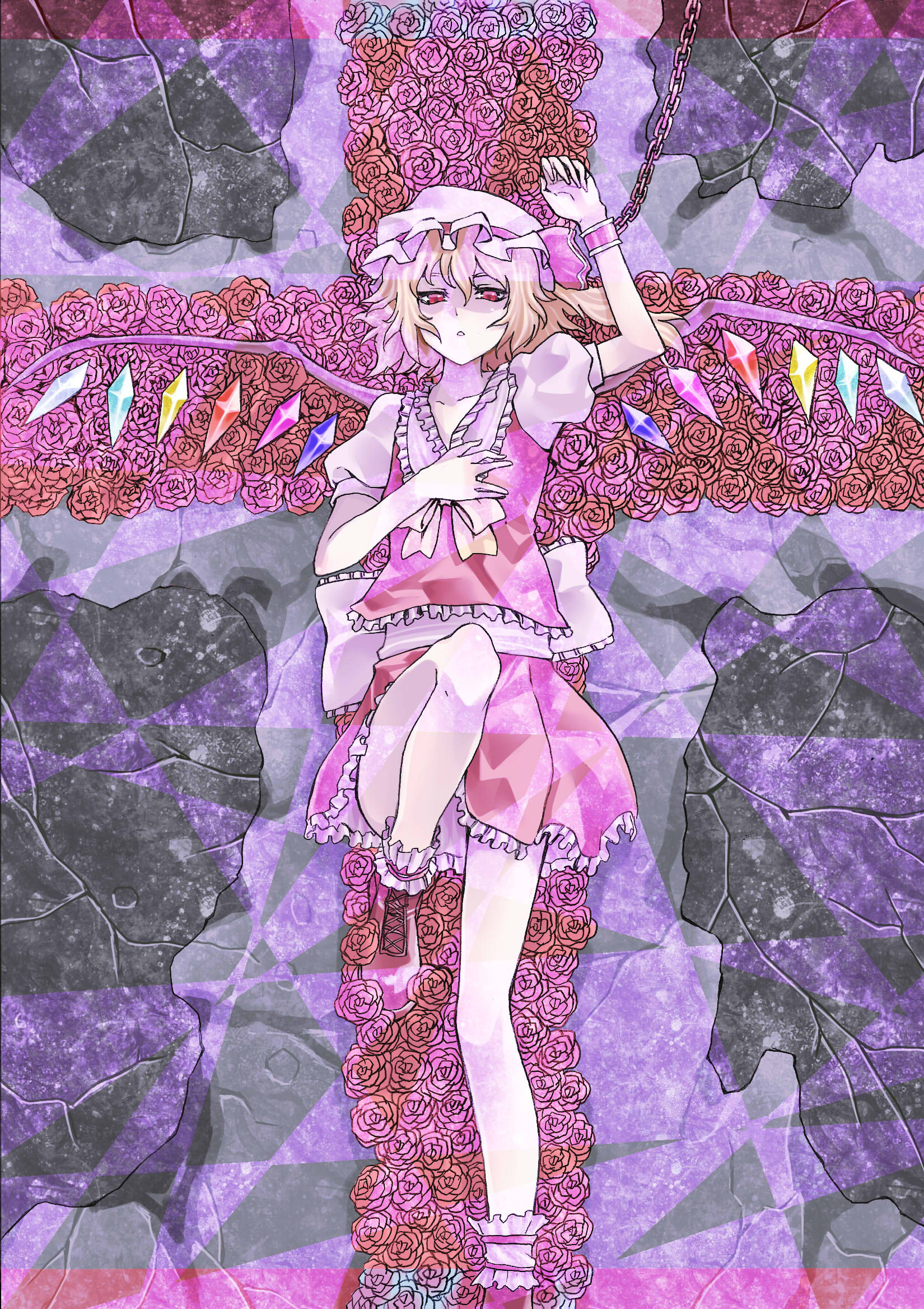 irohara mitabi, flandre scarlet, touhou, frilled legwear, bad id, bad pixiv id, highres, 1girl, blonde hair, blouse, chain, cross, female focus, flower, frilled vest, frills, hair between eyes, hat, mob cap, on flower, red eyes, rose, shirt, solo, vampire, vest, white hat, white shirt, wings