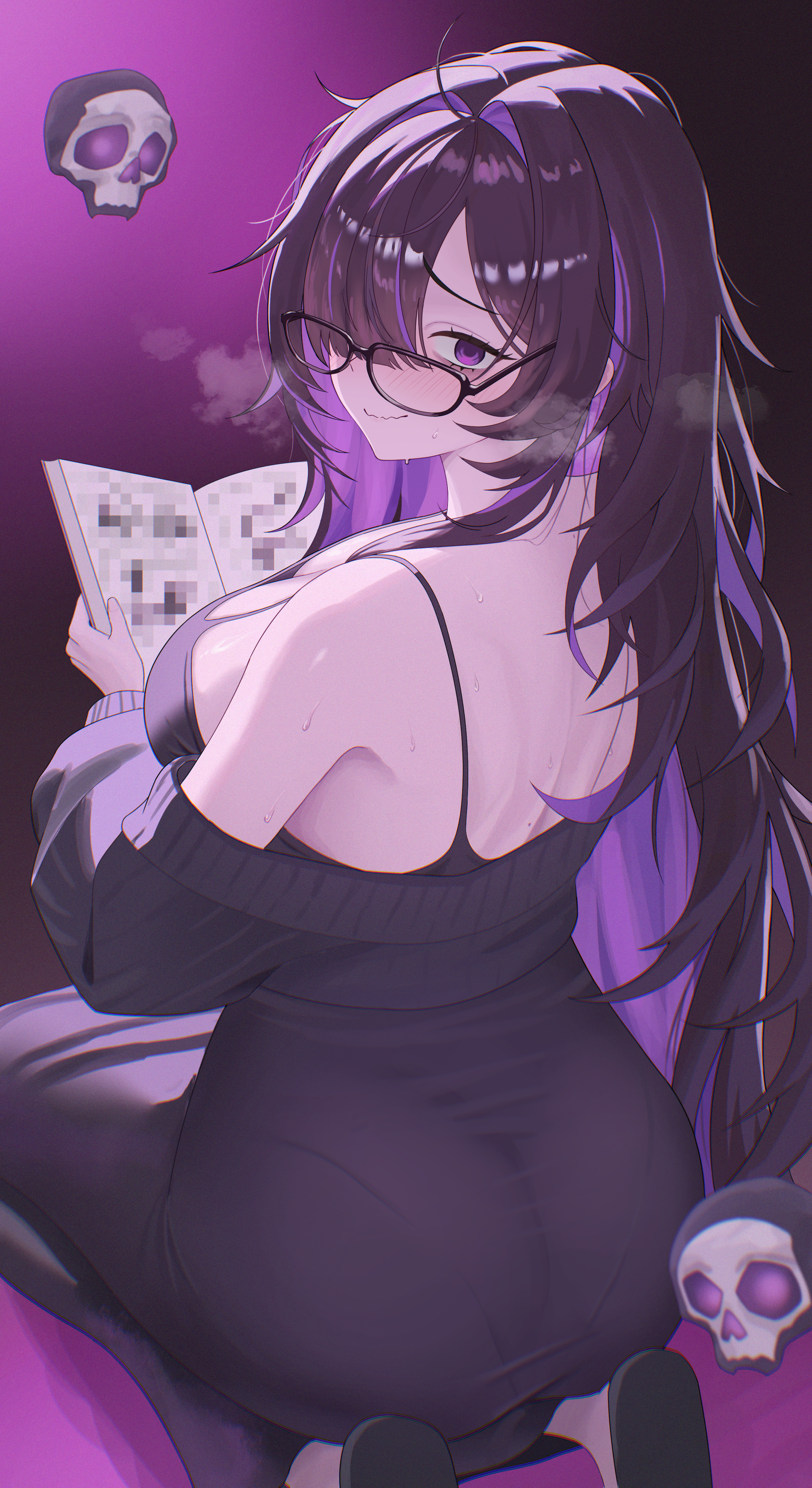 label (nikke), goddess of victory: nikke, absurdres, commentary, highres, 1girl, bare shoulders, black cardigan, black dress, black hair, blush, book, breasts, breath, cardigan, censored, closed mouth, colored inner hair, dress, floating skull, from behind, furrowed brow, glasses, gradient background, hair intakes, hair over one eye, heavy breathing, holding, holding book, large breasts, long hair, long sleeves, looking at viewer, looking back, mojyo, mosaic censoring, multicolored hair, nervous smile, nervous sweating, one eye covered, open book, pantylines, purple background, purple eyes, purple hair, seiza, simple background, sitting, sleeveless, sleeveless dress, smile, solo, spaghetti strap, sweat, turning head, two-tone hair, very long hair, wavy mouth, zanmangkkoon