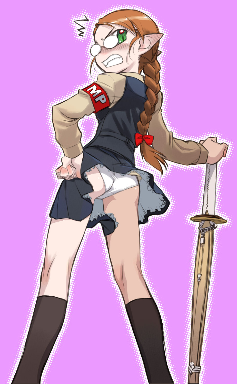 nakamura tetsuya, original, bad id, bad pixiv id, highres, 1girl, ^^^, angry, armband, ass, back, black socks, blue dress, blue skirt, blush, braid, brown hair, dress, dress shirt, elf, female focus, green eyes, hand on own hip, hip focus, long hair, long sleeves, looking back, military, military uniform, panties, pantyshot, petticoat, pointy ears, police, shinai, shirt, single braid, skirt, socks, solo, standing, sword, underwear, upskirt, weapon, white panties, wind, wind lift