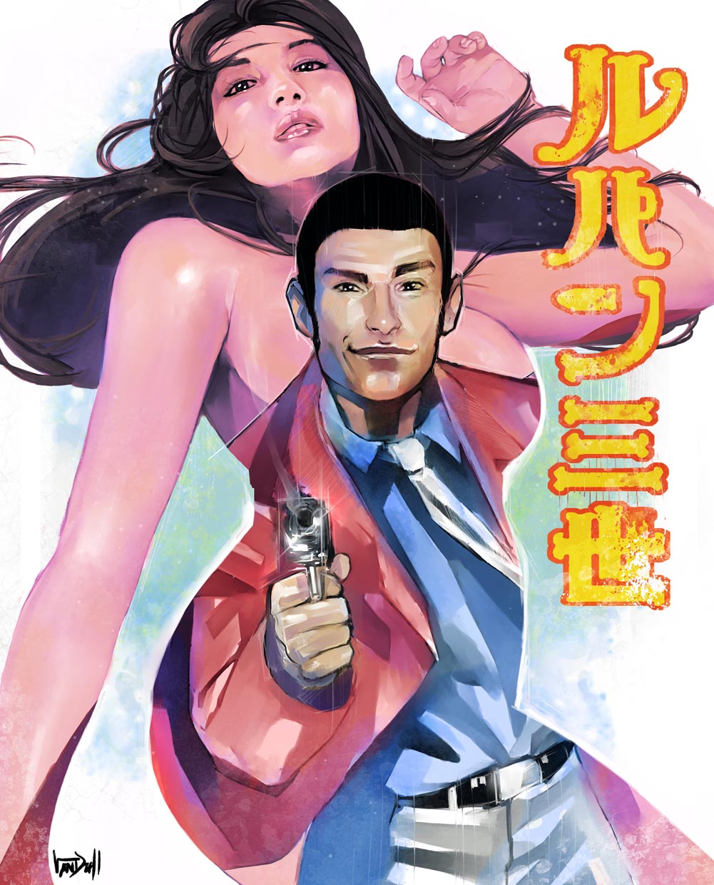 daniel oduber, arsene lupin iii, mine fujiko, lupin iii, tms entertainment, highres, 1970s (style), 1boy, 1girl, brown hair, formal clothes, gun, jacket, lips, long hair, manly, necktie, oldschool, realistic, red jacket, retro artstyle, sideburns, suit, weapon, white necktie