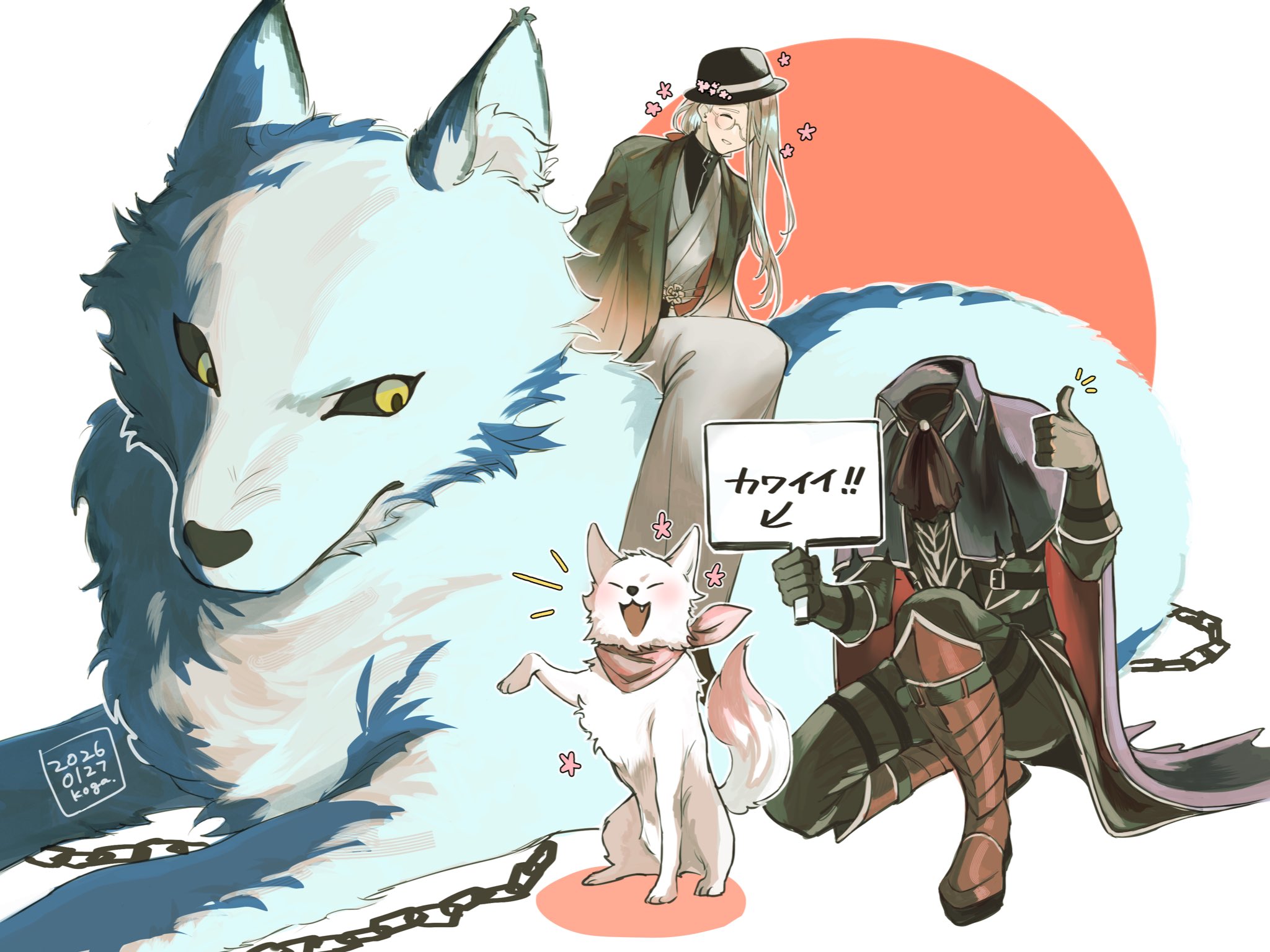 hessian (fate), lobo (fate), fate/grand order, fate (series), highres, animal, ascot, bandana, bandana around neck, black cape, black capelet, black gloves, black haori, black shirt, boots, brown boots, cape, capelet, chain, closed eyes, clothed animal, dog, fedora, flower, gk0213, gloves, grey kimono, hair between eyes, hair over one eye, hanasaka no okina (fate), haori, hat, hat flower, headless, japanese clothes, kimono, long hair between eyes, long sidelocks, low ponytail, oversized animal, pink bandana, ponytail, red ascot, riding, riding animal, round eyewear, shirt, shirt under kimono, sidelocks, single sidelock, sitting, smile, thumbs up, white dog, white hair, wolf, yellow eyes