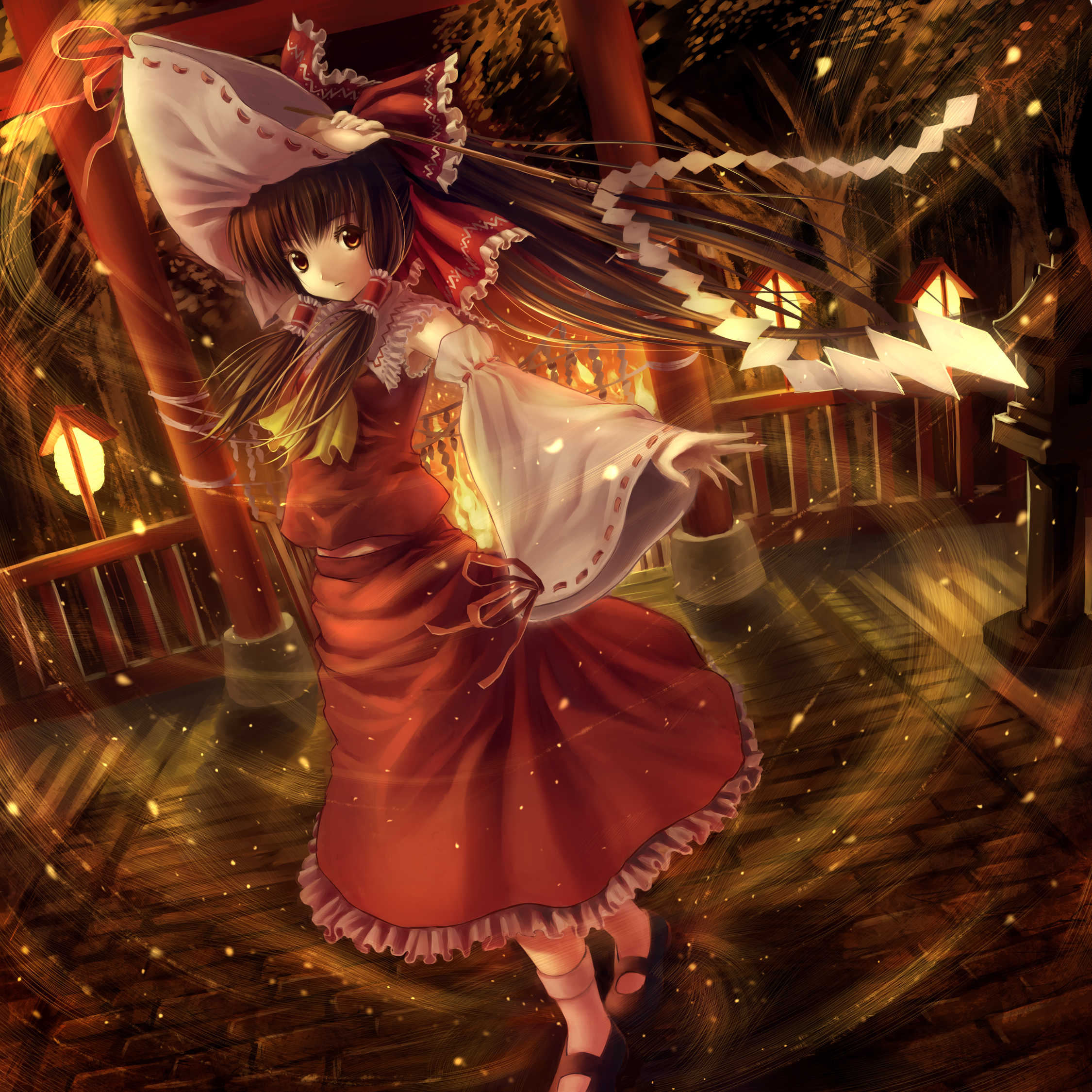 kitiroku, hakurei reimu, touhou, highres, 1girl, armpits, bow, brown hair, dancing, detached sleeves, female focus, gohei, hair bow, hair tubes, japanese clothes, lantern, looking at viewer, mary janes, miko, paper lantern, shoes, short hair, solo, torii, wide sleeves