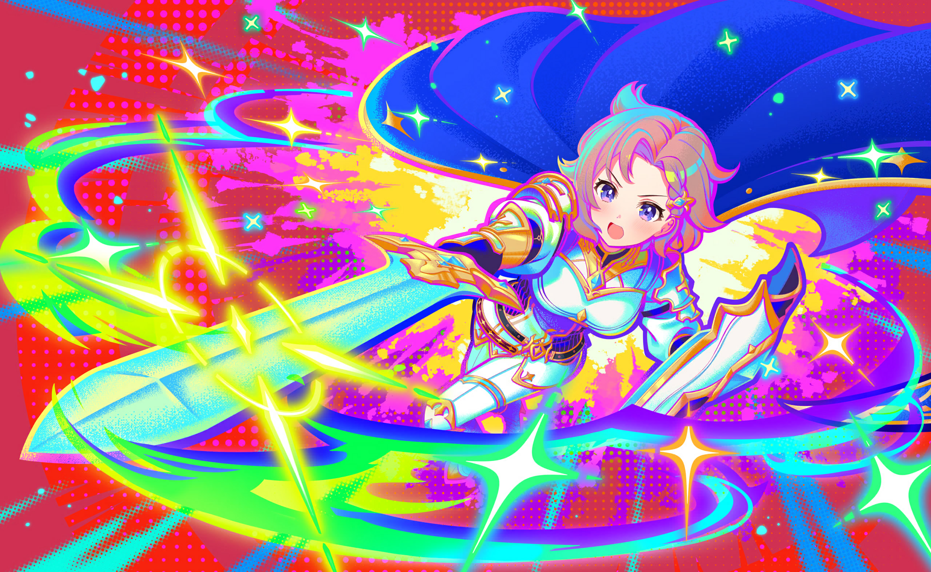 sasuga chisa, world dai star, commentary request, game cg, highres, official art, third-party source, 1girl, armor, blue eyes, blush, breastplate, breasts, gloves, hair ornament, holding, holding weapon, looking at viewer, multicolored hair, open mouth, pink hair, short hair, shoulder armor, smile, solo, sparkle, sparkle background, sword, weapon, wings