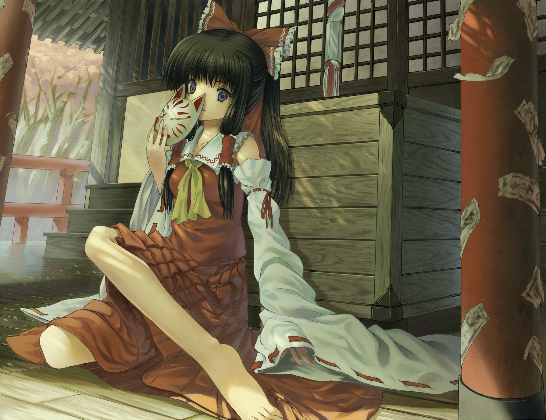 kitiroku, hakurei reimu, touhou, highres, 1girl, barefoot, blue eyes, bow, box, brown hair, detached sleeves, donation box, feet, female focus, fox mask, hair bow, hair tubes, japanese clothes, long hair, looking at viewer, mask, miko, shade, short hair, shrine, shrine bell, sitting, smile, solo, wide sleeves, wooden floor
