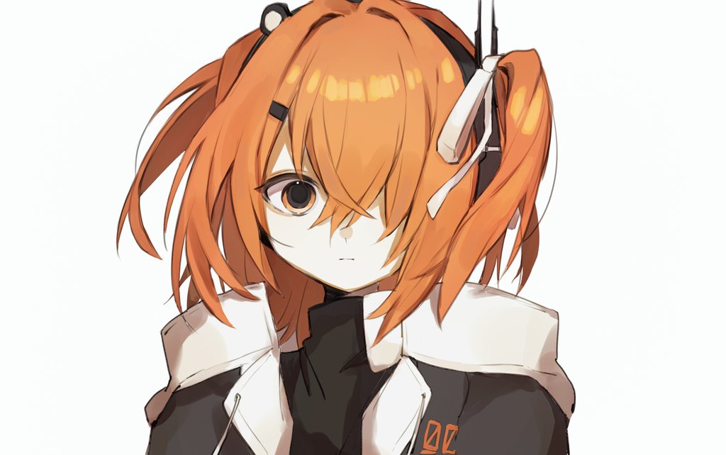 arazan (ara arazan24), adachi rei, a.i. voice, utau, vocaloid, hashtag-only commentary, 1girl, adachi rei (vocaloid6), black jacket, black shirt, closed mouth, drawstring, expressionless, floating hair, hair ornament, hair over one eye, hair ribbon, hairclip, headlamp, headset, hood, hooded jacket, jacket, lens eye, looking at viewer, medium hair, multicolored jacket, negative space, one side up, orange eyes, orange hair, portrait, radio antenna, ribbon, shirt, sidelocks, simple background, solo, turtleneck, turtleneck shirt, two-tone jacket, white background, white ribbon