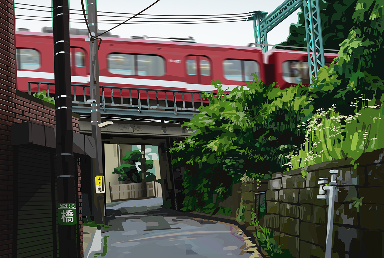 original, art study, commentary, tagme, translation request, archdrawsalot, brick, bridge, bush, cable, grass, motion blur, no humans, pole, real world location, road, street, train