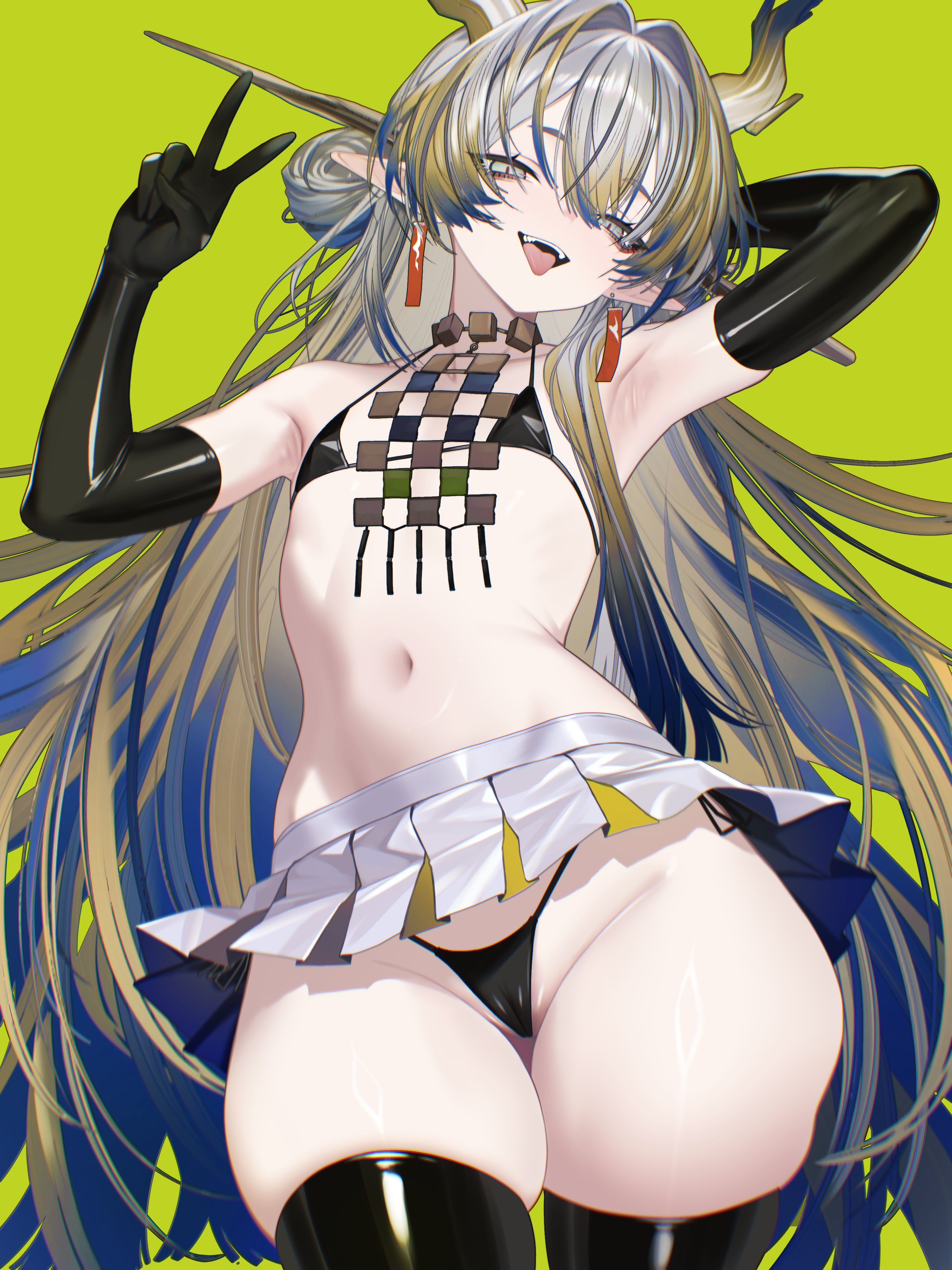 vxdrq, shu (arknights), arknights, absurdres, commentary request, highres, 1girl, armpits, bikini, black bikini, black gloves, black thighhighs, blue hair, cameltoe, dragon girl, dragon horns, earrings, eastern dragon horns, elbow gloves, flat chest, gloves, green background, grey hair, horns, jewelry, long hair, miniskirt, multicolored hair, navel, open mouth, pointy ears, skindentation, skirt, solo, stomach, swimsuit, thighhighs, thighs, v, very long hair, white skirt