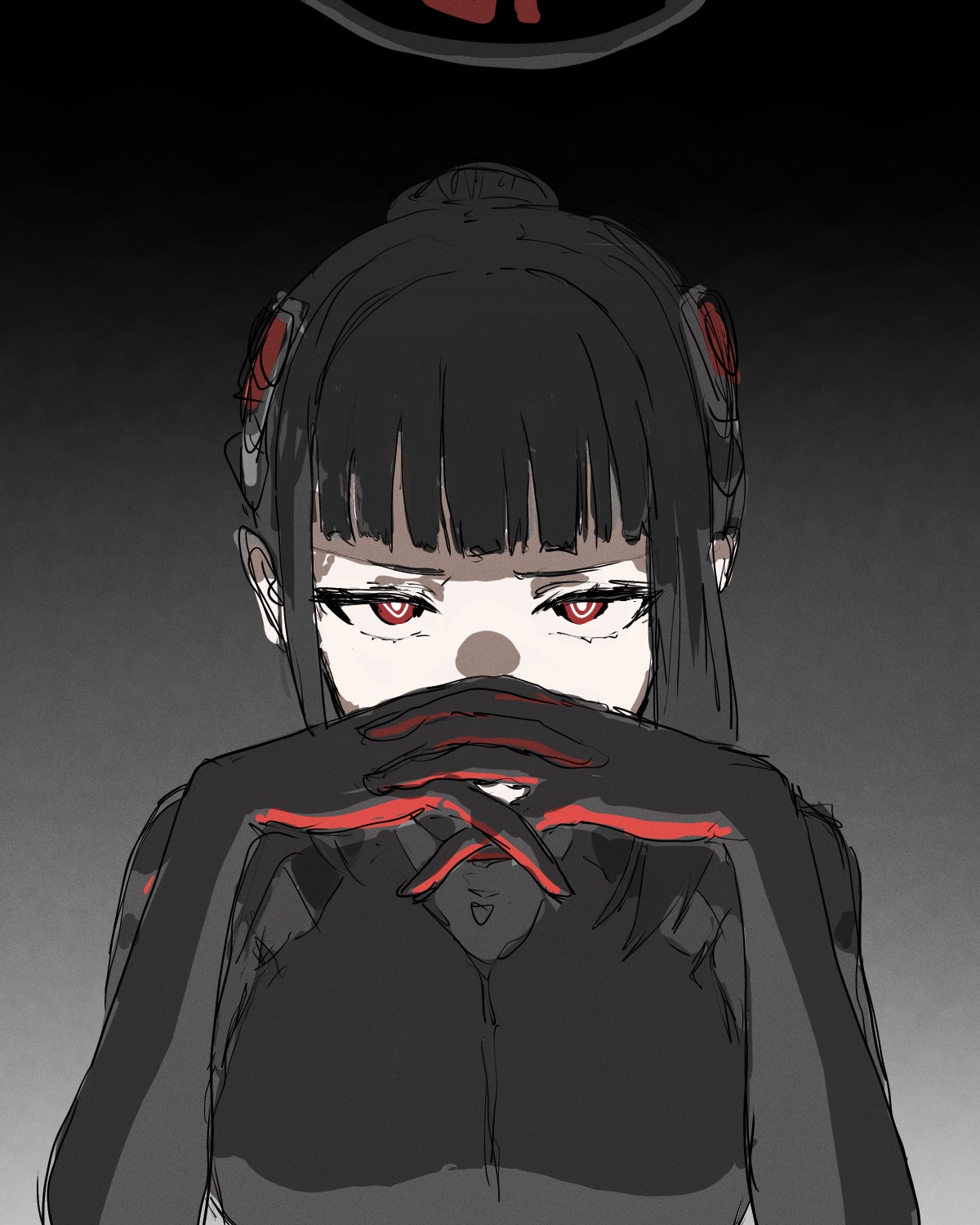 rio (blue archive), blue archive, commentary request, highres, 1girl, black bodysuit, black hair, black halo, bodysuit, breasts, dark background, dejigura, gendou pose, gradient background, halo, hands clasped, interlocked fingers, long hair, looking at viewer, multicolored halo, official alternate costume, own hands clasped, own hands together, parody, red eyes, ringed eyes, rio (armed) (blue archive), solo, two-tone halo