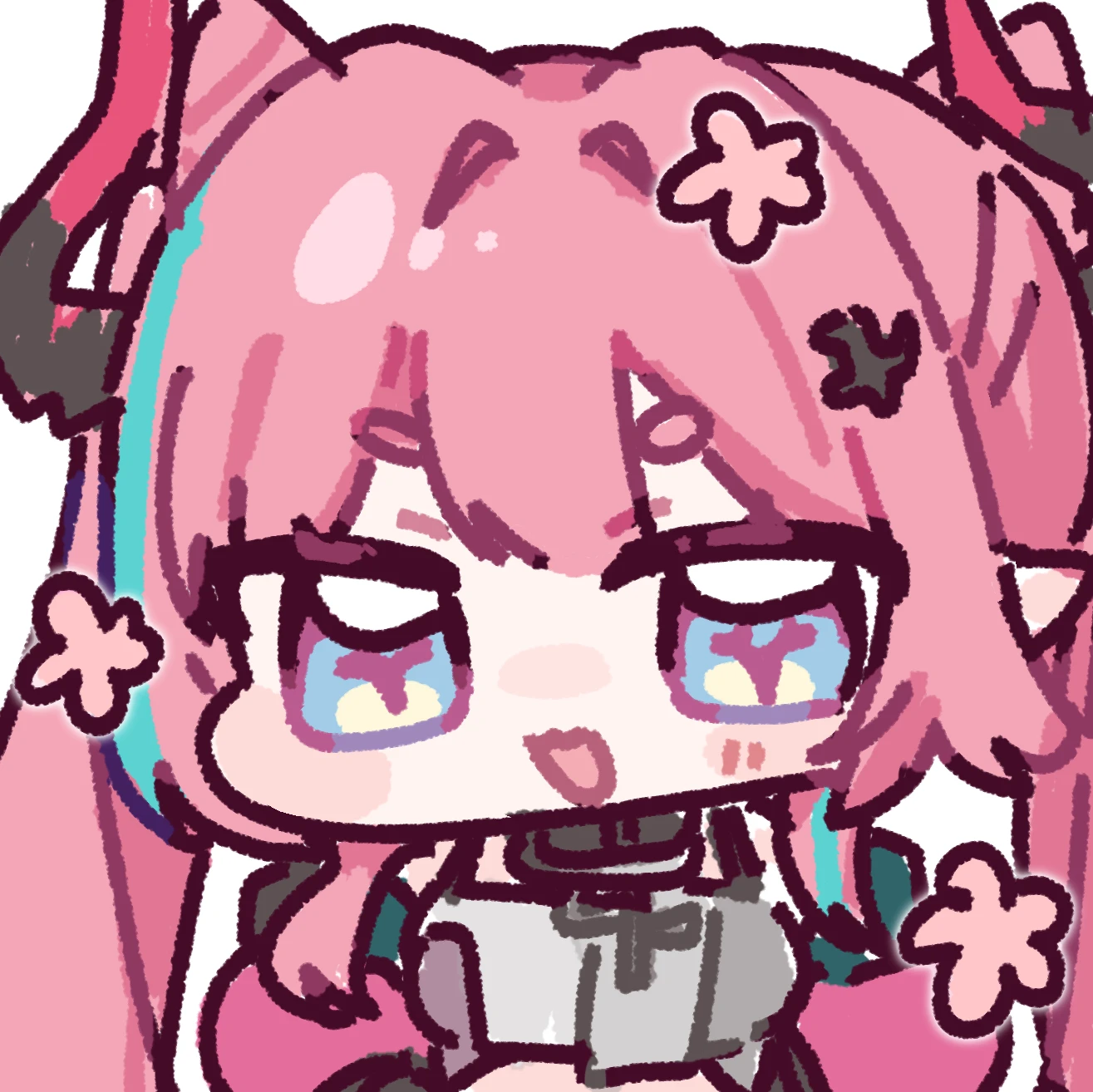 miratsu (miratsu169), yvonne (arknights), arknights, arknights: endfield, highres, 1girl, :d, blue eyes, blue streaks, blush, chibi, chibi only, crop top, curled horns, detached sleeves, double-parted bangs, dragon girl, dragon horns, hair intakes, happy aura, horns, long hair, long sleeves, looking at viewer, multicolored eyes, multicolored hair, open mouth, pink hair, pink horns, pink sleeves, pointy ears, portrait, puffy cheeks, short eyebrows, simple background, smile, solo, straight-on, streaked hair, symbol-shaped pupils, twintails, two-tone hair, white background