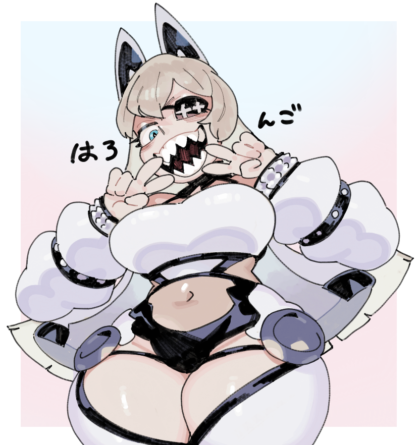 sido (slipknot), original, phantasy star, phantasy star online 2, 1girl, animal ears, bandeau, black panties, blonde hair, borrowed character, breasts, cat ears, cowboy shot, crop top, curvy, double v, eyepatch, hands up, iogaru (hgzwp6), jacket, large breasts, long hair, navel, off shoulder, open mouth, panties, sharp teeth, smile, solo, teeth, thighhighs, underwear, v, white bandeau, white jacket, white thighhighs