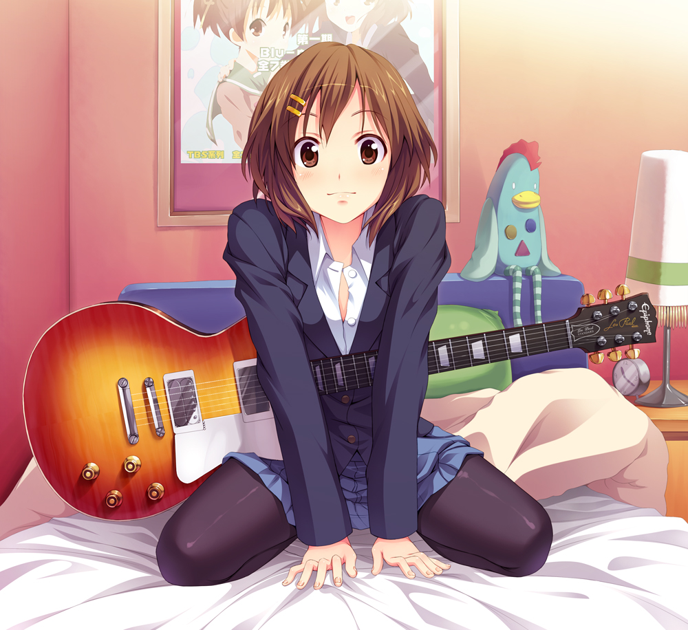 senji (artist), senji (tegone spike), hirasawa ui, hirasawa yui, k-on!, 1girl, arm support, bed, brown eyes, brown hair, cameo, female focus, guitar, instrument, kneeling, pantyhose, poster (medium), poster (object), school uniform, short hair, siblings, sisters, sitting, solo