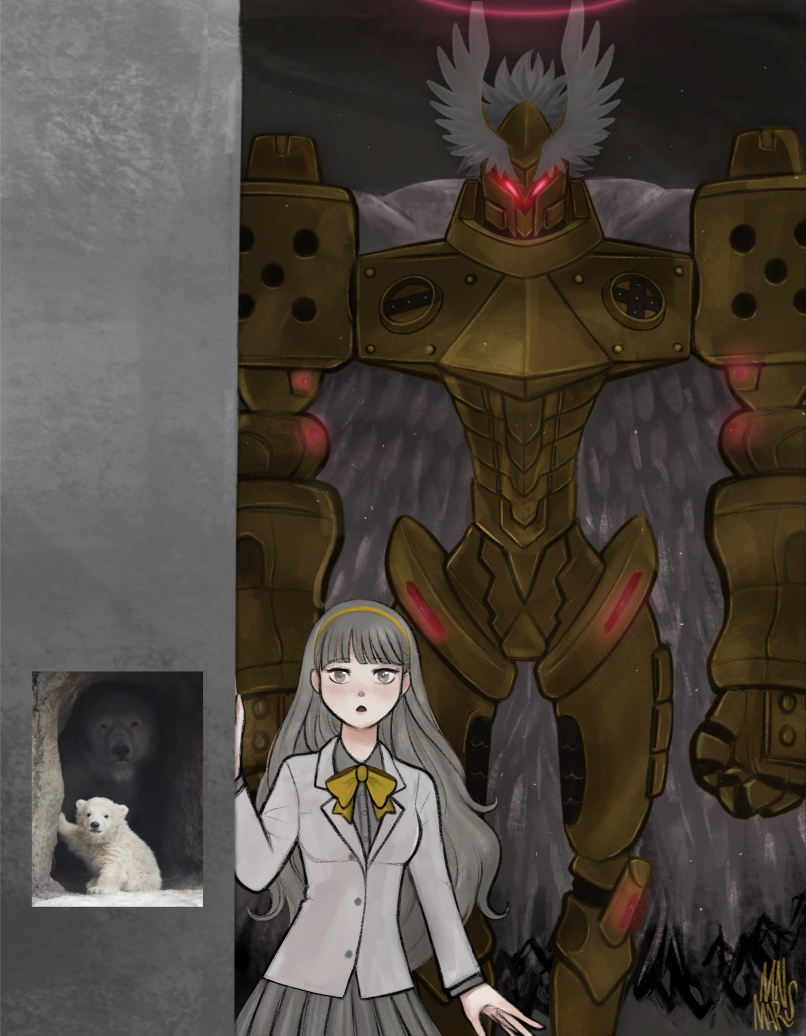 jupitermon, misono inori, digimon, digimon story: time stranger, commentary, highres, 1boy, 1girl, cape, cowboy shot, digimon (creature), feathered cape, feathered wings, glowing, glowing eyes, gold, gold helmet, grey eyes, grey hair, grey shirt, grey skirt, halo, helmet, jacket, long hair, mnmars art, pleated skirt, red eyes, red halo, screenshot inset, shirt, skirt, white cape, white jacket, white wings, winged helmet, wings