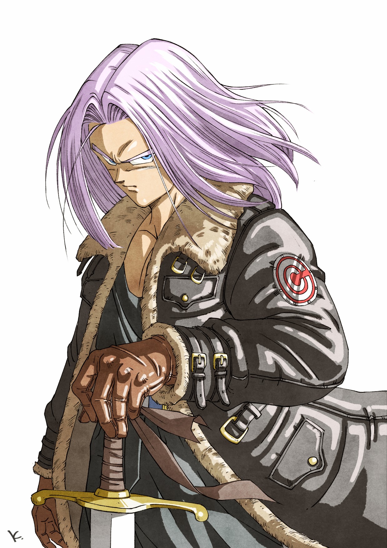 kakeru (dbskakeru), trunks (dragon ball), trunks (future) (dragon ball), dragon ball, dragonball z, commentary request, highres, 1boy, black coat, black shirt, blue eyes, coat, cowboy shot, holding, holding sword, holding weapon, looking at viewer, male focus, medium hair, shirt, simple background, solo, sword, weapon, white background