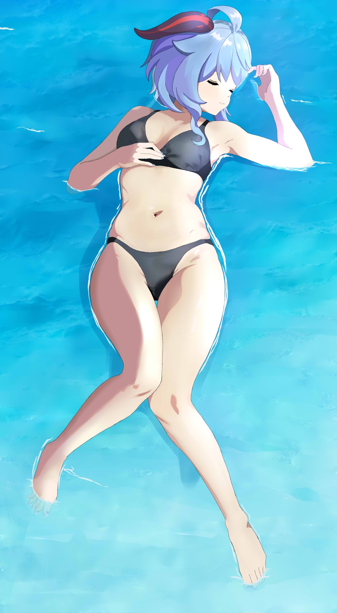 mishirosora, ganyu (genshin impact), genshin impact, fluffy hair, commentary request, highres, 1girl, ahoge, armpits, bare legs, bare shoulders, bikini, black bikini, blue hair, blue nails, closed eyes, fingernails, full body, goat horns, horns, lying, lying on water, nail polish, navel, on back, sleeping, solo, swimsuit, water