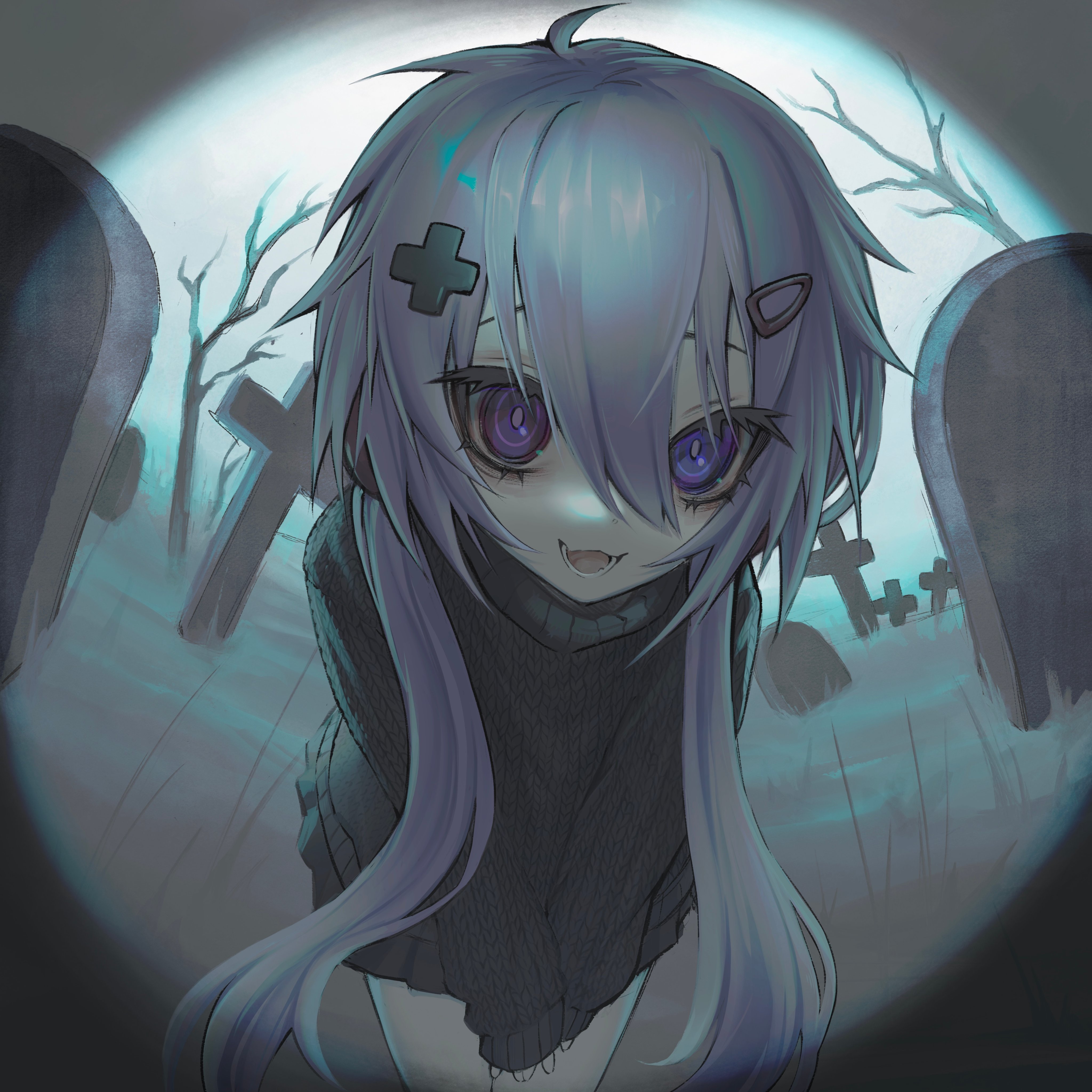 original, absurdres, commentary, highres, symbol-only commentary, 1girl, ahoge, black sweater, cowboy shot, cross hair ornament, graveyard, hair between eyes, hair ornament, heterochromia, leaning forward, long bangs, long hair, long sleeves, looking at viewer, mdm4, open mouth, outdoors, purple eyes, purple hair, sidelocks, sleeves past wrists, smile, solo, sweater, tombstone
