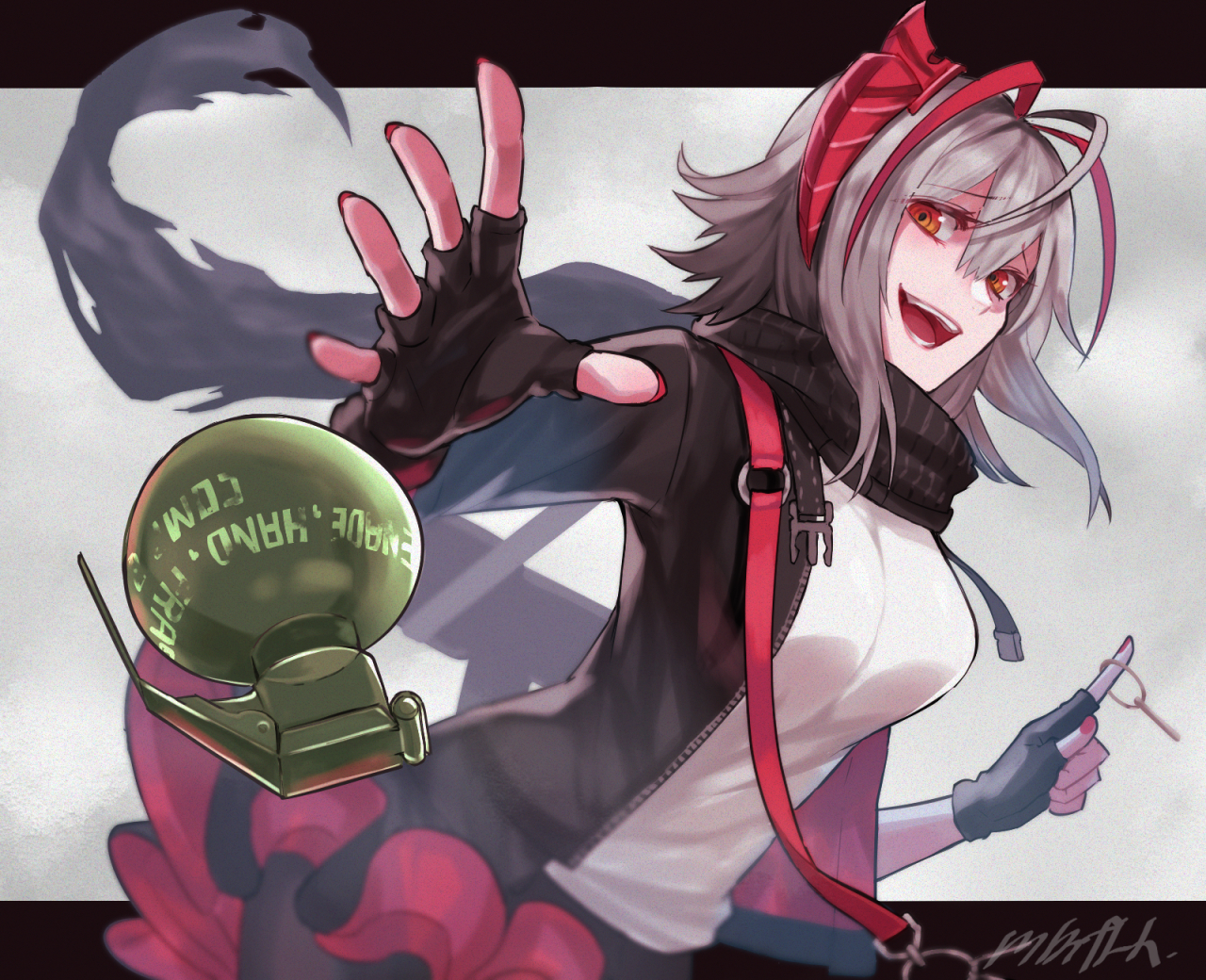 memetaroh, w (arknights), arknights, commentary request, 1girl, antennae, artist name, black gloves, black jacket, black scarf, black skirt, demon horns, explosive, fingerless gloves, gloves, grenade, horns, jacket, open clothes, open jacket, red eyes, red nails, scarf, shirt, short hair, skirt, smile, solo, upper body, white hair, white shirt