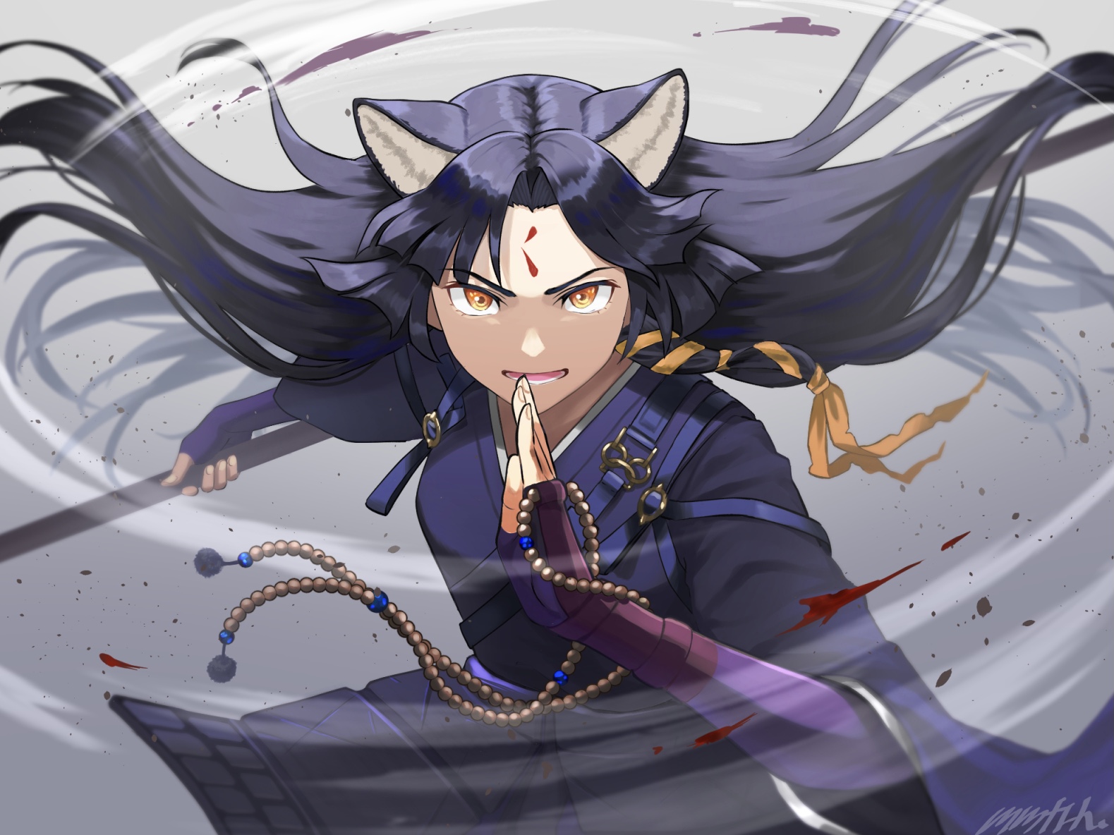 memetaroh, saga (arknights), arknights, commentary request, 1girl, artist name, black kimono, floating hair, holding, holding polearm, holding weapon, japanese clothes, jewelry, kimono, long hair, naginata, necklace, orange eyes, parted bangs, pearl necklace, polearm, smile, solo, upper body, weapon, wide sleeves, wind, wind lift