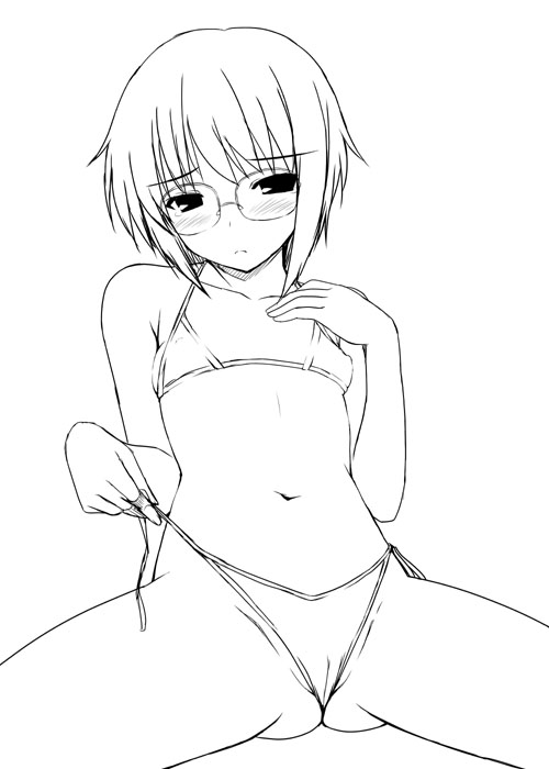 yuki usagi, nagato yuki, suzumiya haruhi no shoushitsu, suzumiya haruhi no yuuutsu, untied, bad id, bad pixiv id, 10s, 1girl, bikini, blush, female focus, flat chest, greyscale, lineart, monochrome, navel, short hair, side-tie bikini bottom, solo, spread legs, swimsuit, teasing, wedgie
