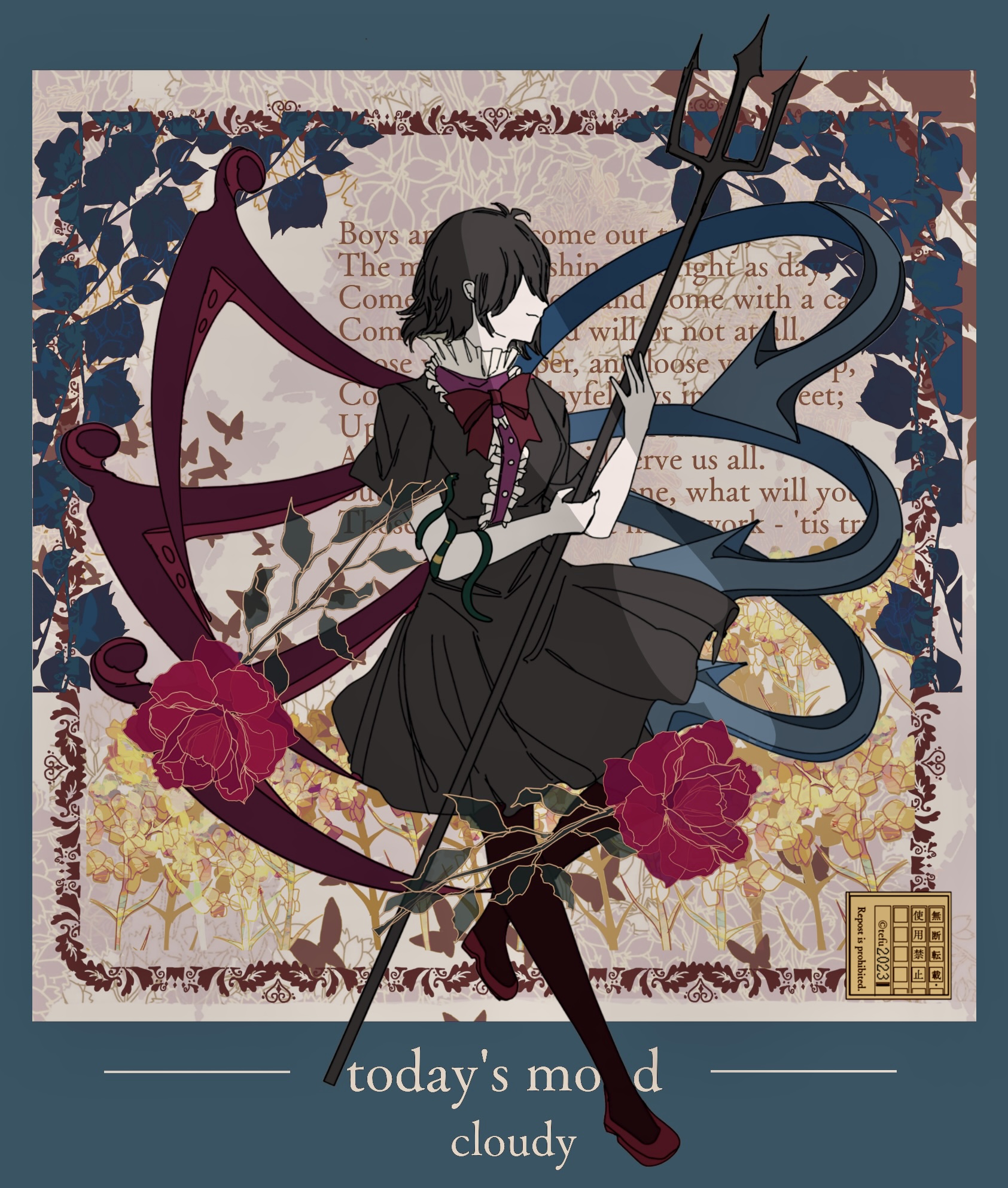 atelier tefu, houjuu nue, touhou, commentary, highres, 1girl, artist name, asymmetrical wings, black dress, black hair, black thighhighs, blue wings, collar, dated, dress, floral border, flower, frilled collar, frills, from side, full body, hat, hat flower, holding, holding polearm, holding weapon, inset border, leaf, outside border, pale skin, polearm, red ribbon, red shoes, red wings, ribbon, shoes, short hair, smile, snake armband, solo, thighhighs, trident, weapon, wings