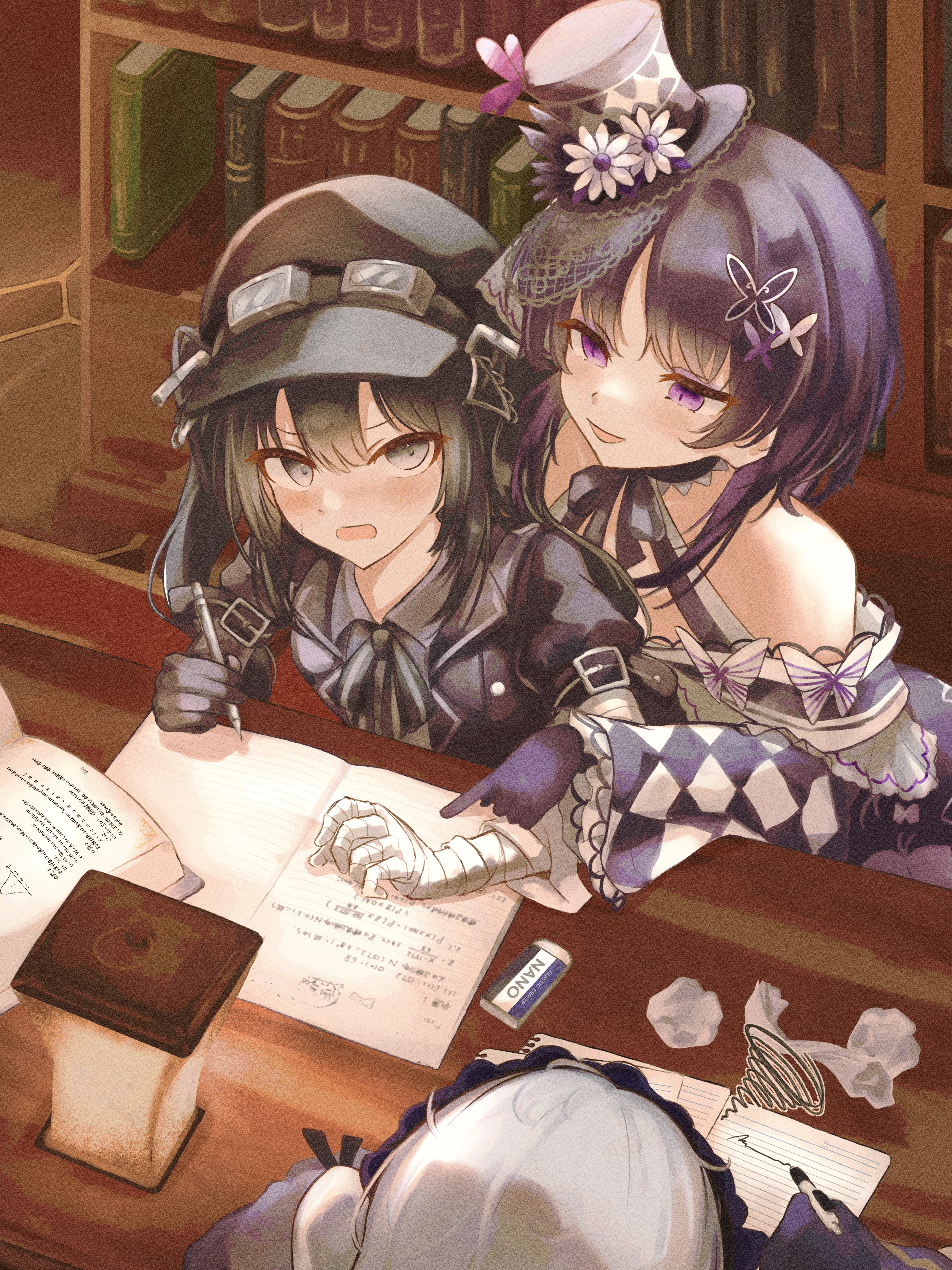 okanda, housho margo, kurobe nanoka, natsume an-an, mahou shoujo no majo saiban, absurdres, commentary request, highres, 3girls, :d, bandaged arm, bandages, black dress, black gloves, black hair, black hat, black jacket, black ribbon, book, crumpled paper, dress, eraser, gloves, goggles, goggles on headwear, hat, holding, holding pencil, jacket, japanese clothes, kimono, library, long hair, mini hat, multiple girls, neck ribbon, open clothes, open jacket, open mouth, pencil, purple eyes, purple gloves, purple kimono, ribbon, short hair, single glove, smile, twintails, v-shaped eyebrows