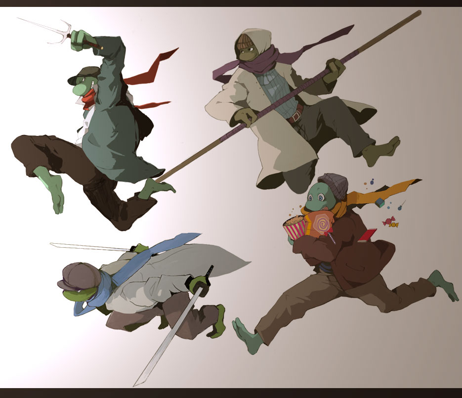 donatello (tmnt), leonardo (tmnt), michelangelo (tmnt), raphael (tmnt), teenage mutant ninja turtles, 4boys, beanie, brothers, candy, casual, coat, dual wielding, food, hat, holding, hood, katana, male focus, multiple boys, pole, popcorn, sai (weapon), scarf, siblings, staff, sword, weapon